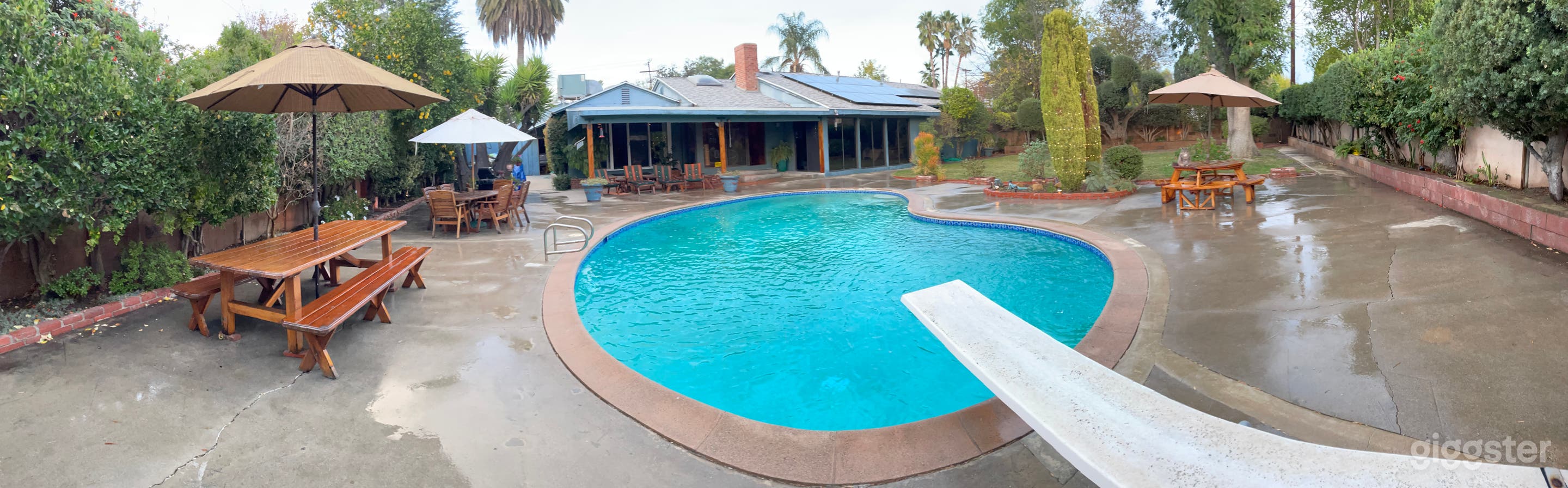 Kidney shaped. 20x60' over 4ft shallow end 11ft deep at the drain 