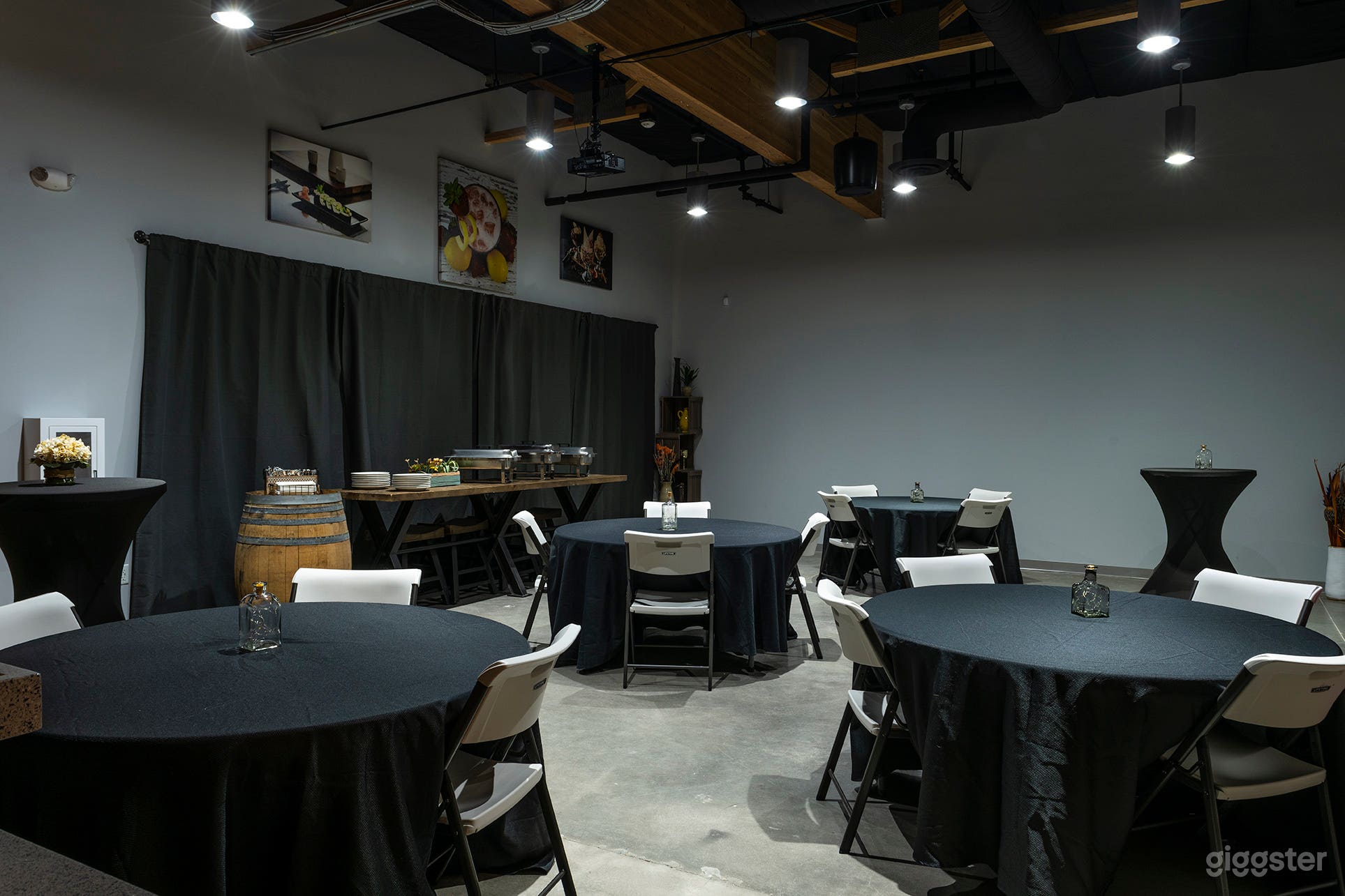 Dining and banquet area for up to 70 guests. Commercial kitchen, catering supplies available.