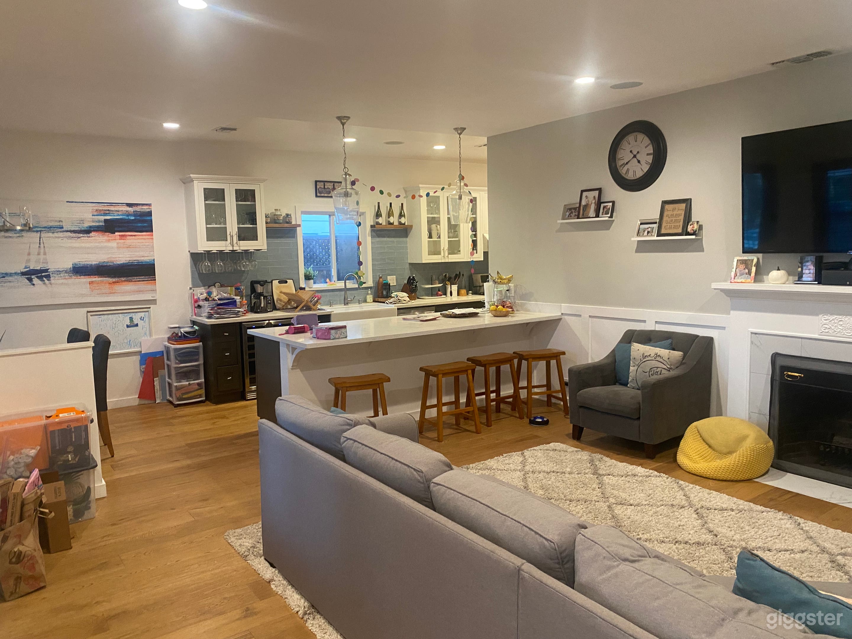 Family room and Kitchen island.