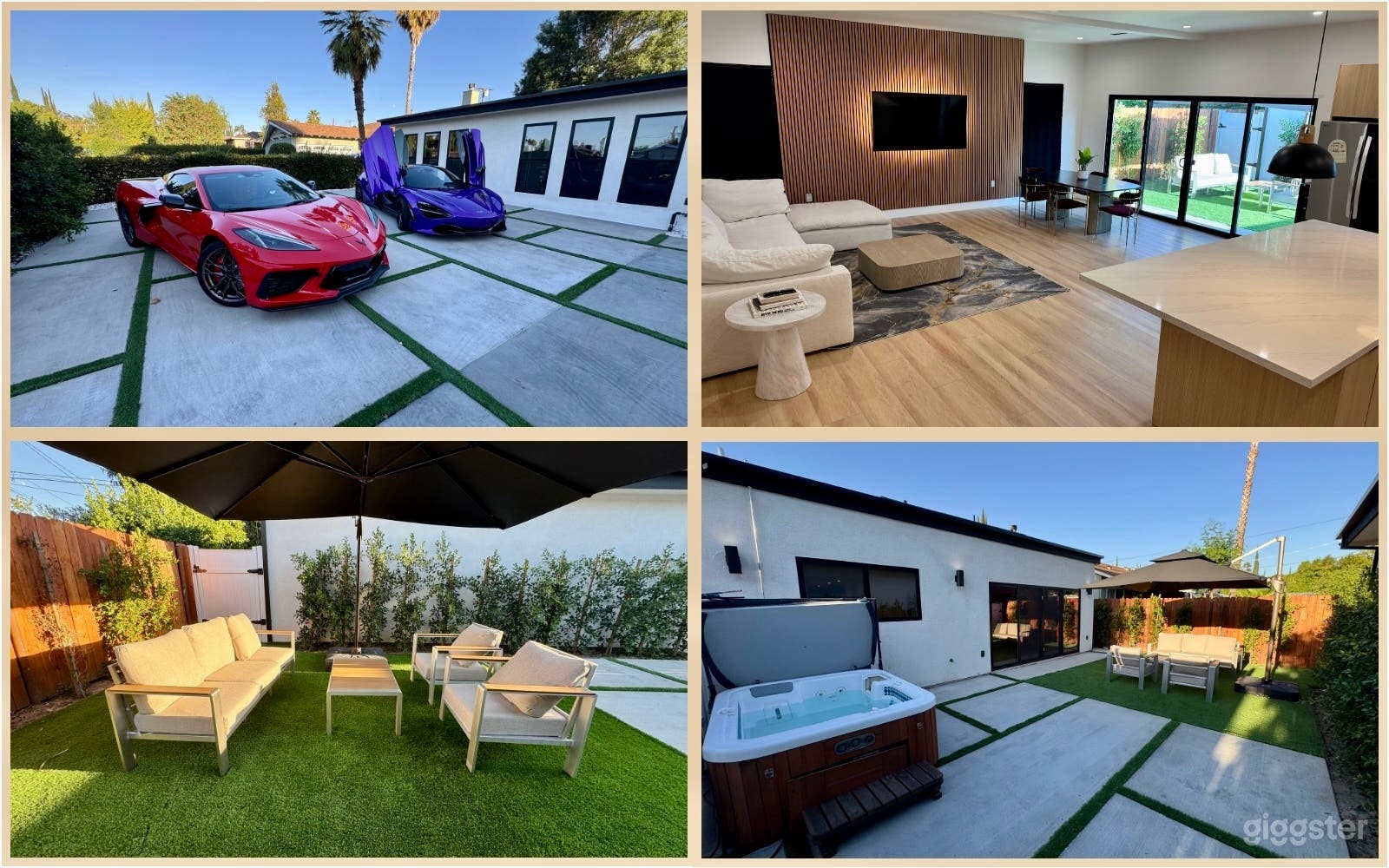 Showcases all the highlights in one frame, featuring the red Corvette and purple McLaren on the driveway, a modern living room, an outdoor seating area with an umbrella, and a luxurious hot tub in the backyard