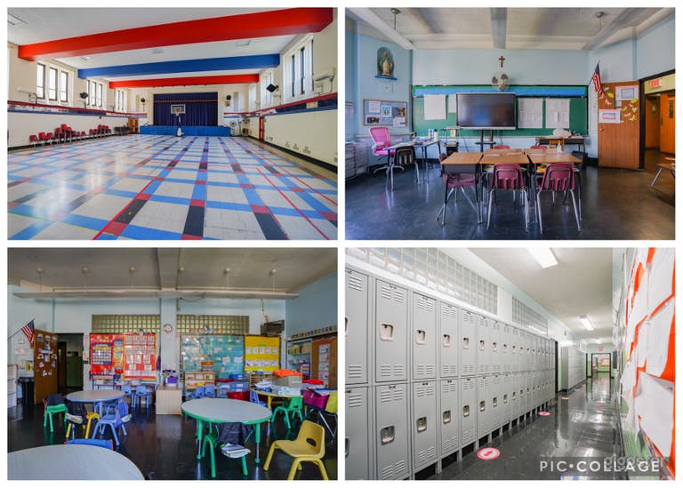  Escuela en el centro con aulas, patio y gimnasio 