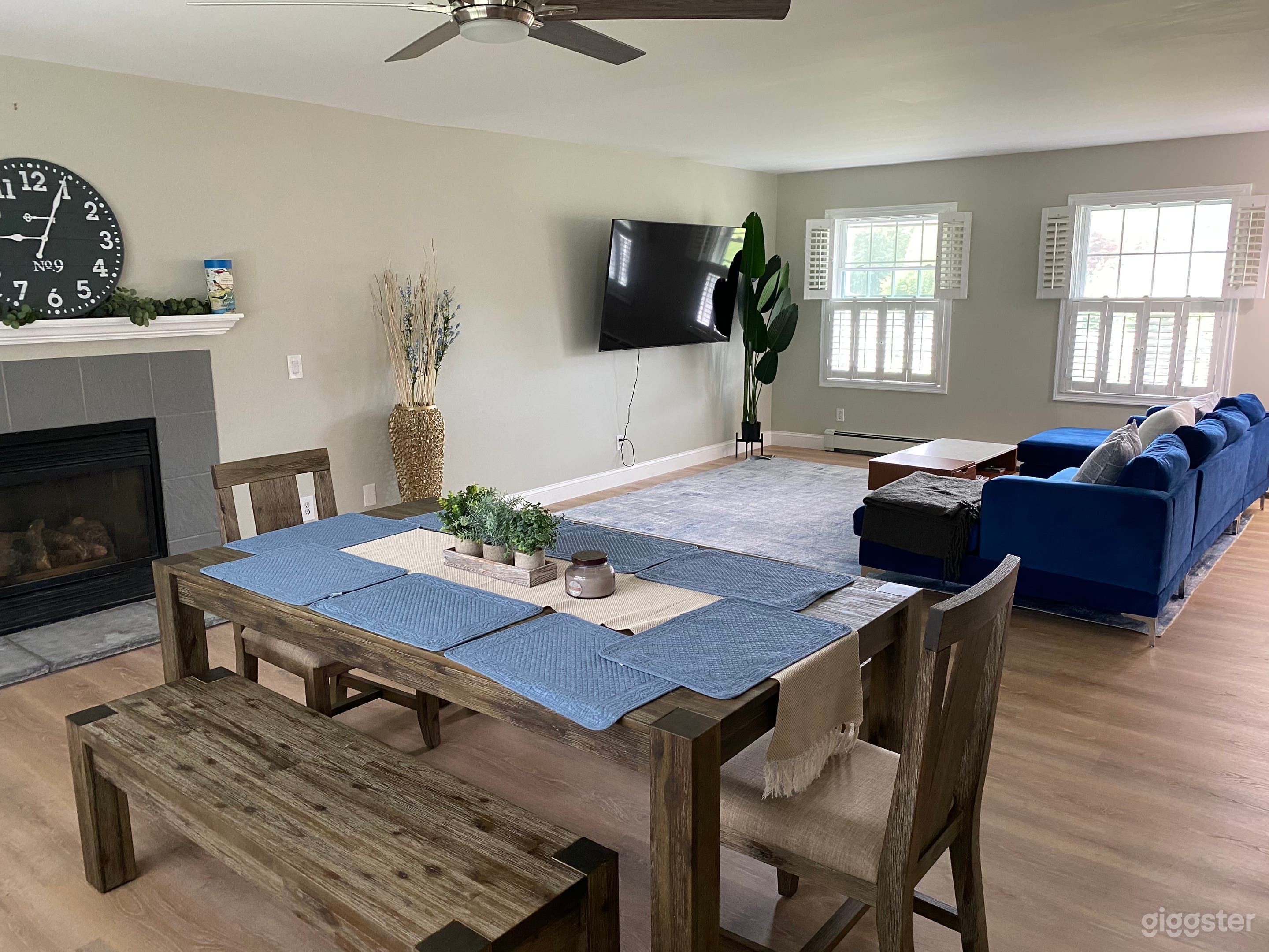 Living / dining room.  We knocked out wall to open space up.  Gas fireplace 
