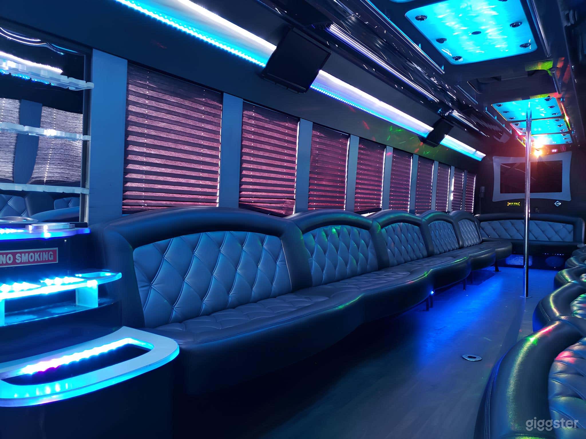 Big enough to throw a party inside the bus. Check out the bar area to stage drinks.