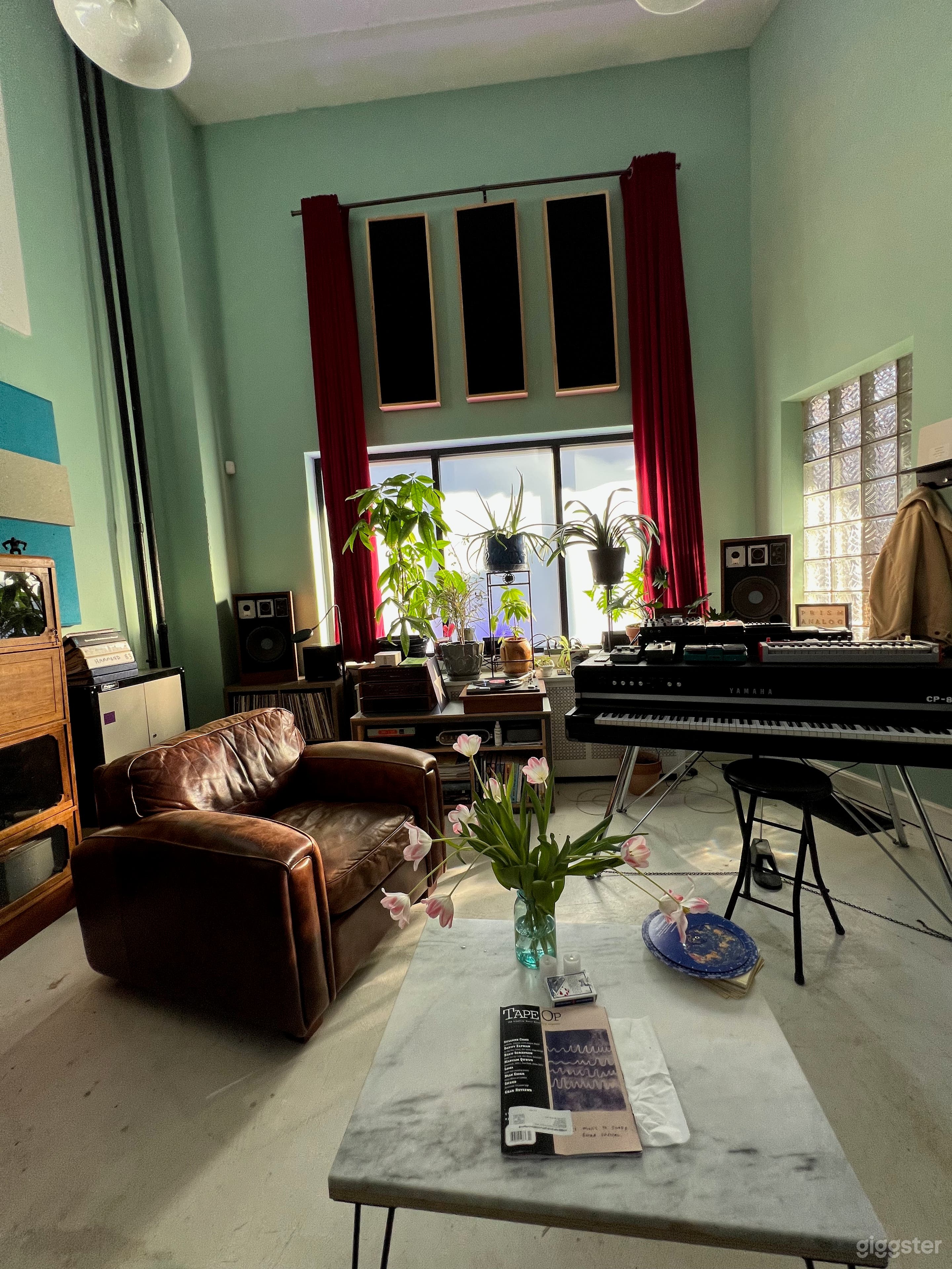 Front lounge area with record player and lots of LPs.