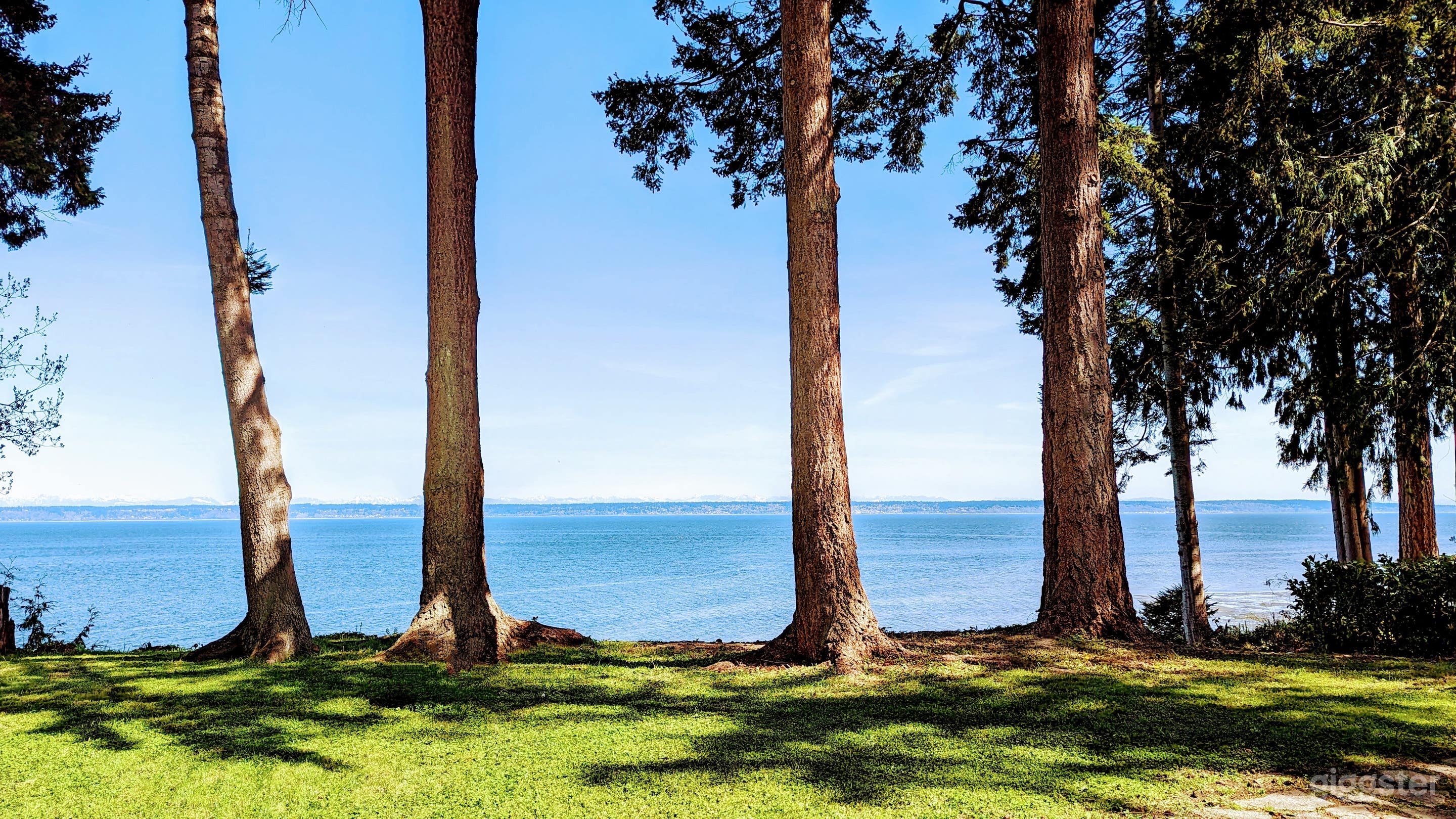 Waterfront view of our Puget Sound property. Four 100-year-old  fir trees highlight the area from behind. Cascade Mountain range can be seen 180 degrees with Whidbey Island and the commercial shipping lane in close proximity.
