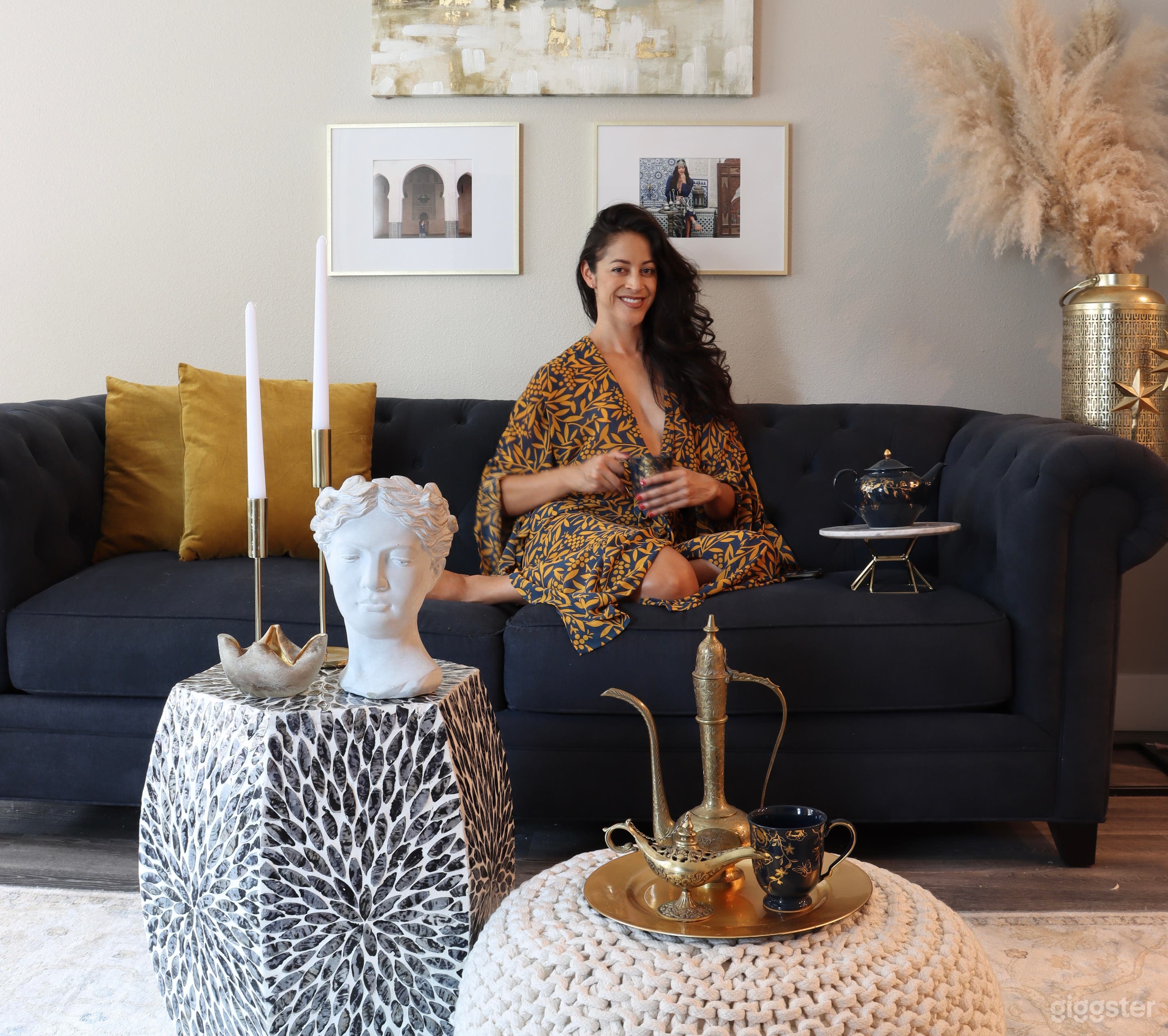 Modern Moroccan Living Room w/ Marble Island Photo 4