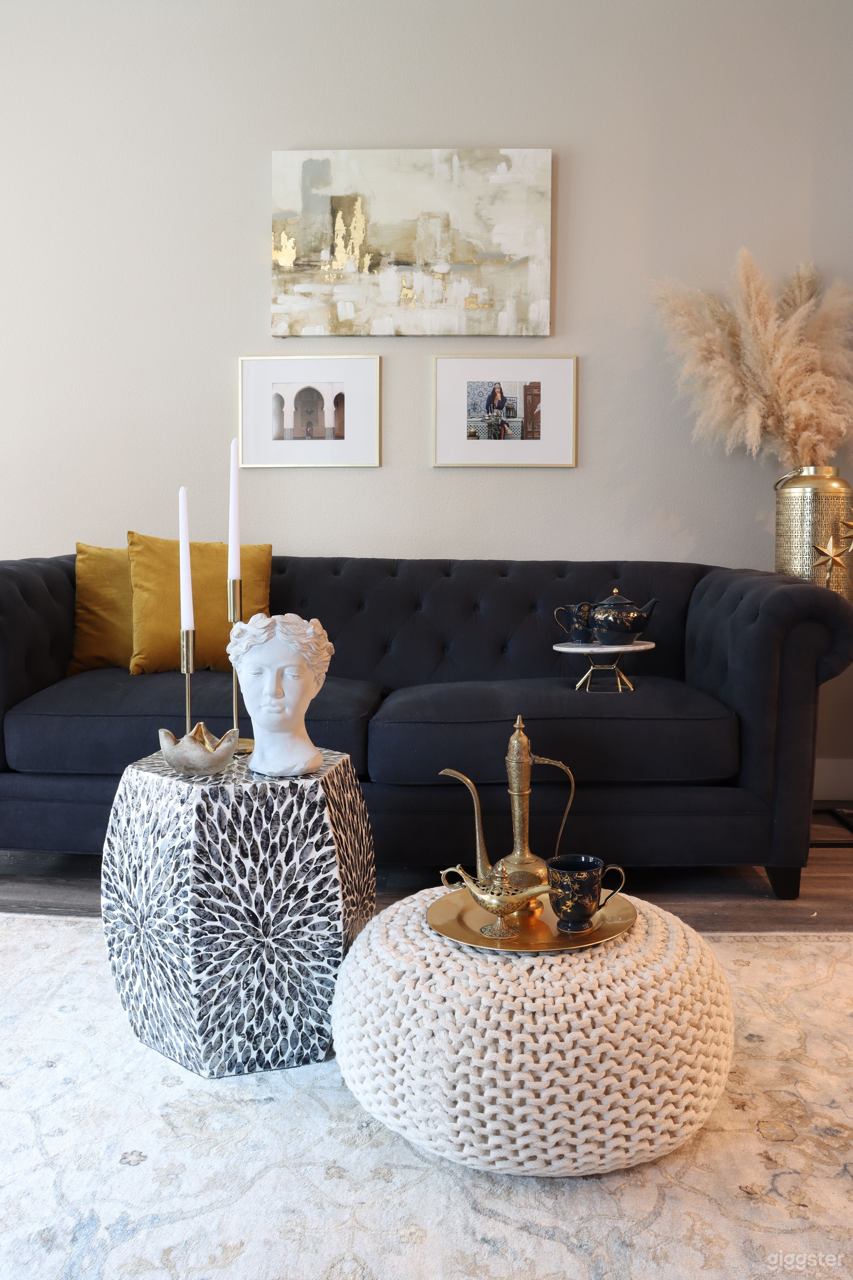 Modern Moroccan Living Room w/ Marble Island Photo 3