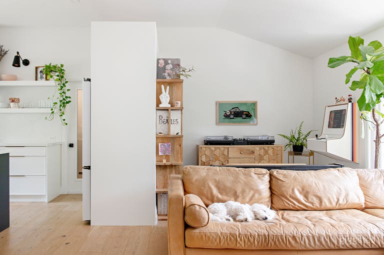  open space family room, lots of light, record/vinyl wall, dj setup, custom made arcade on wall. Lots of plants. 