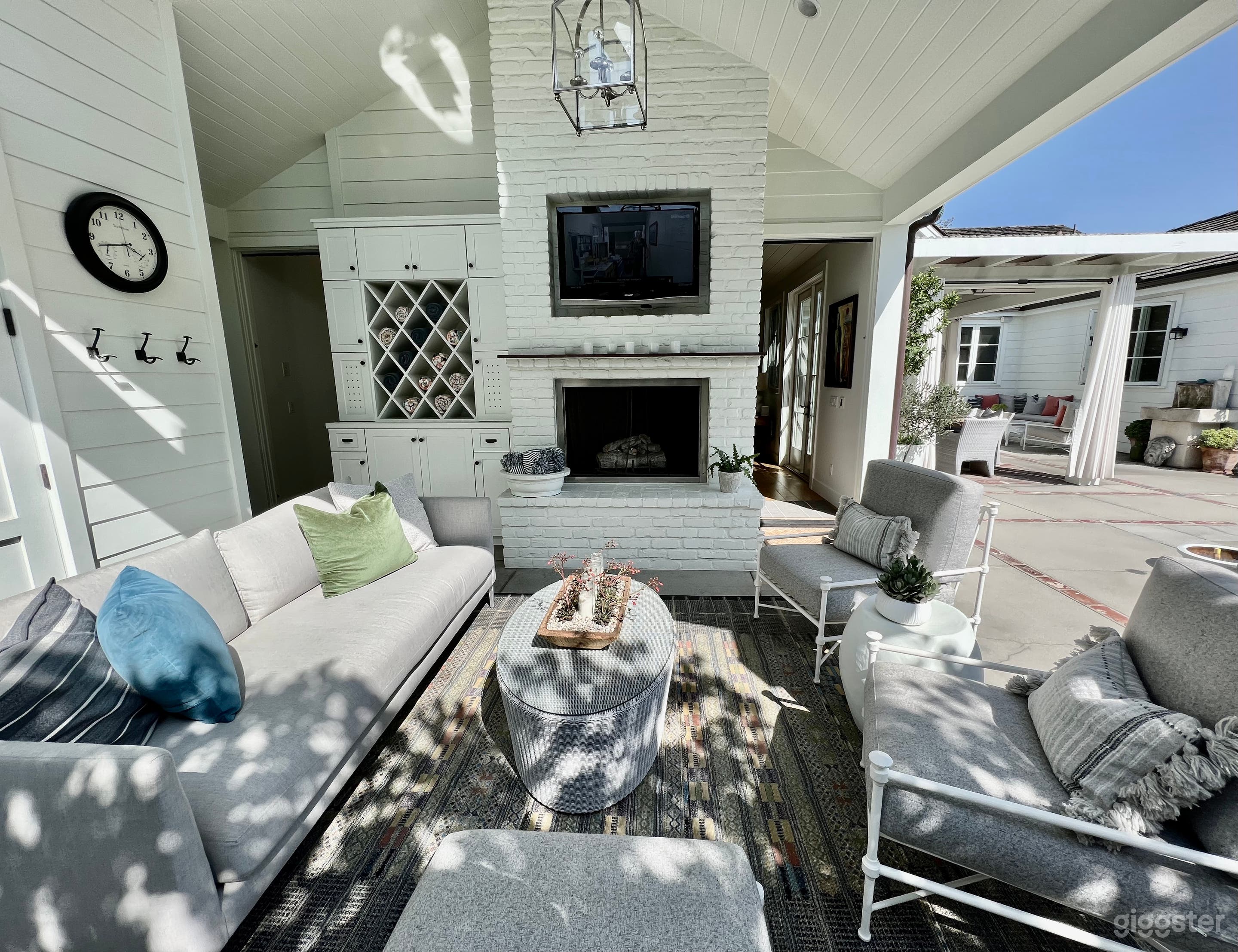 Outdoor Room with Fireplace and Built Ins