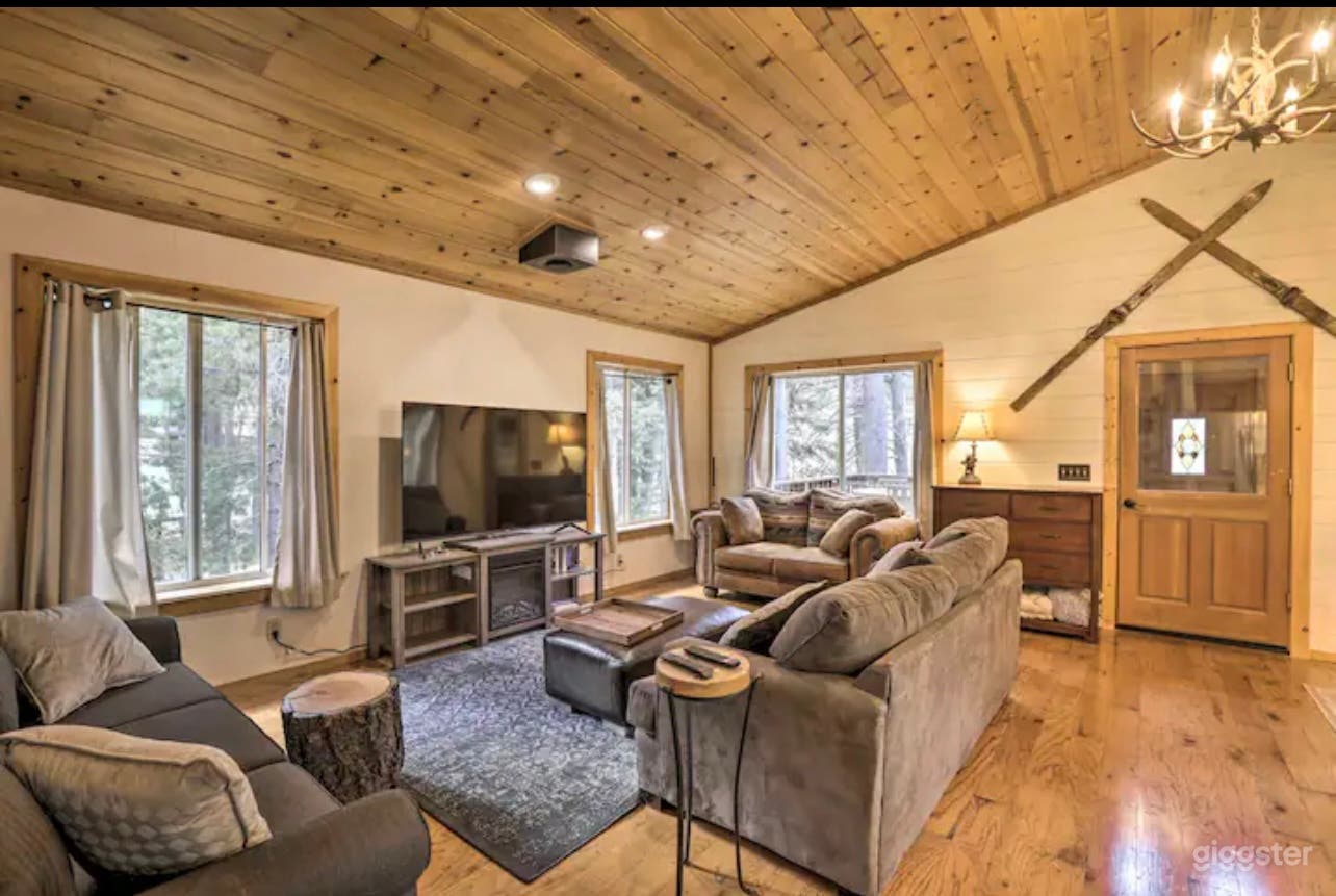 Main living room with high pine wood ceilings 