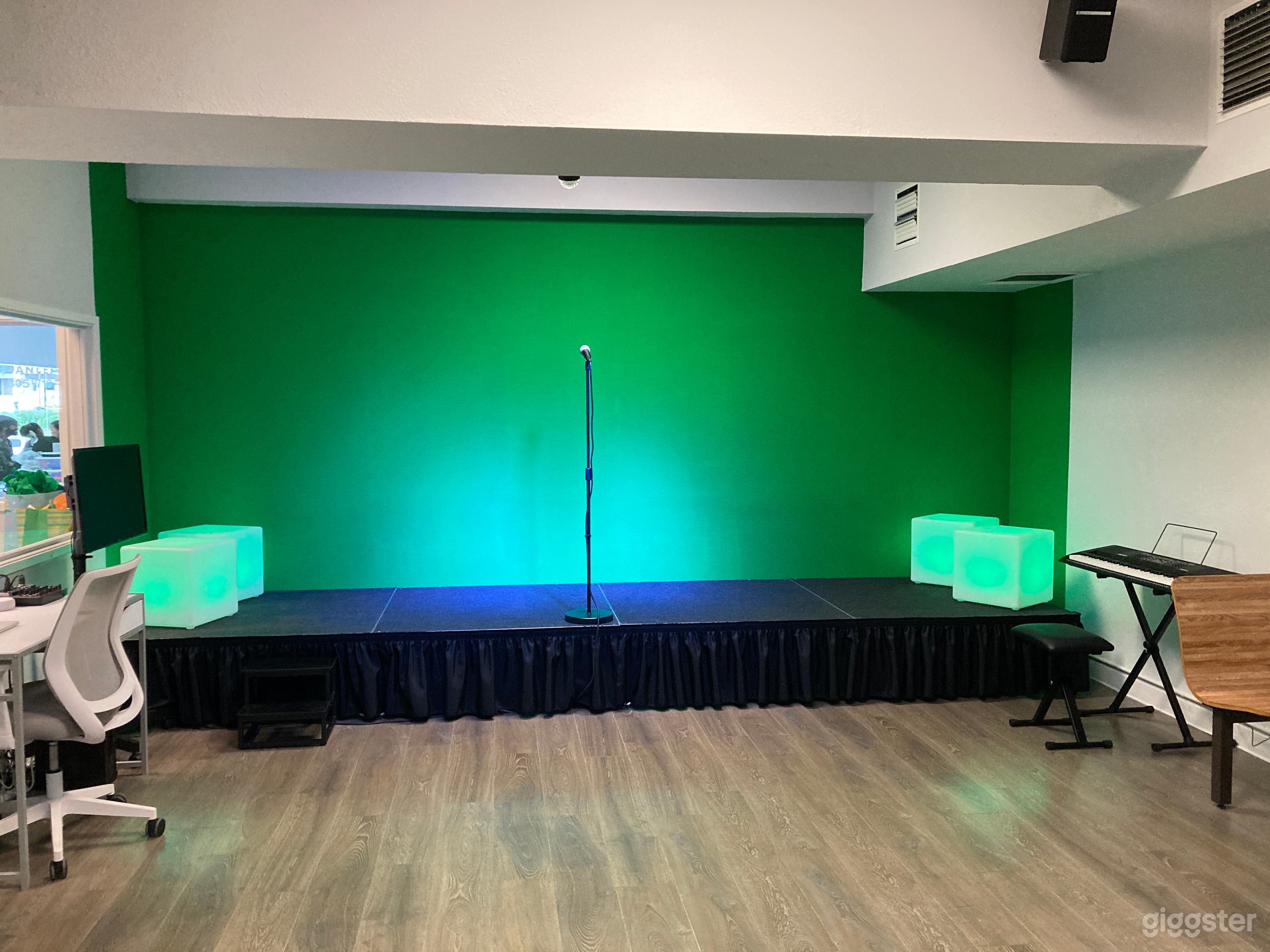 Acting Room with lights, mic, and stage.