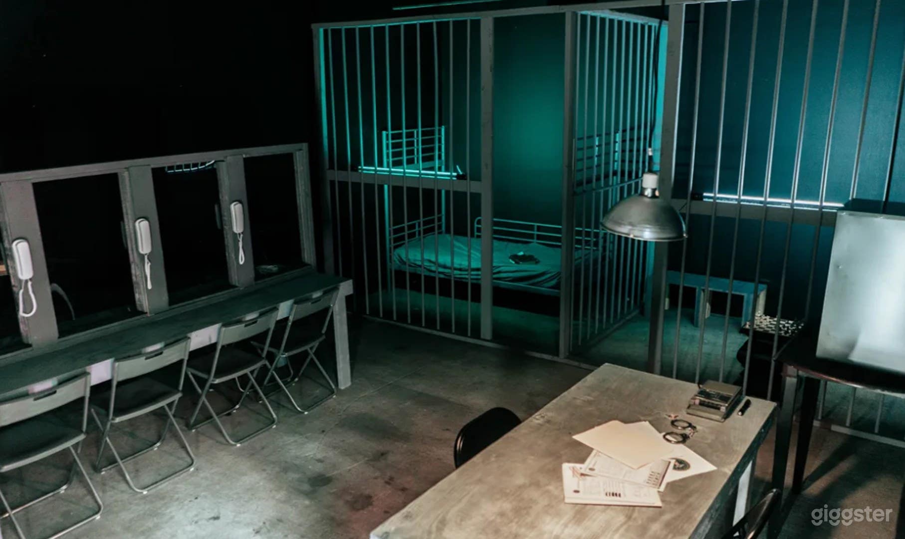 Jail Cell with Interrogation Room, Visitation Center, and Mugshot Backdrop Wall Photo 1