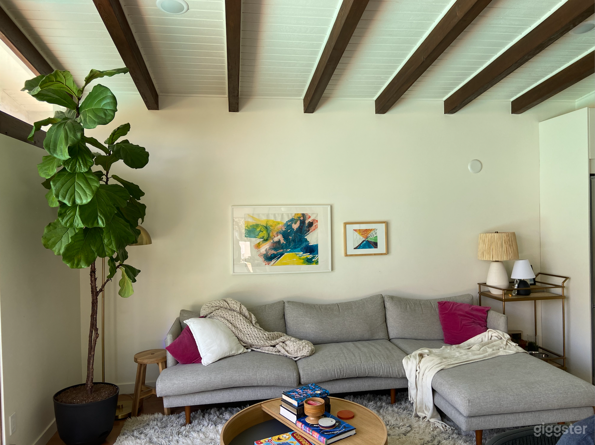 Living room area with post and beam construction