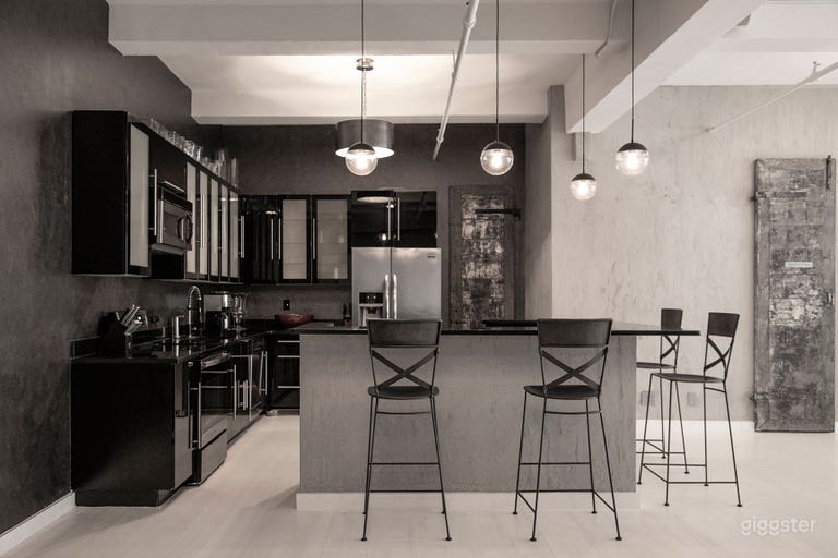  - Full kitchen
- White stained wood floors
- Exposed concrete
- Special steel paint treatment wall
- Set of designer metal bar stools -seats 3 people
 