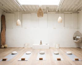  THE WELLNESS ROOM
• Laser-leveled wood floors
• Dedicated 200 Amp Cam-lok system
• Sound-proof doors, windows, bathrooms
• Natural light from skylight
• Green screen &amp; white backdrop option
• Wireless audio system with 8 available wireless microphones
• Ce 