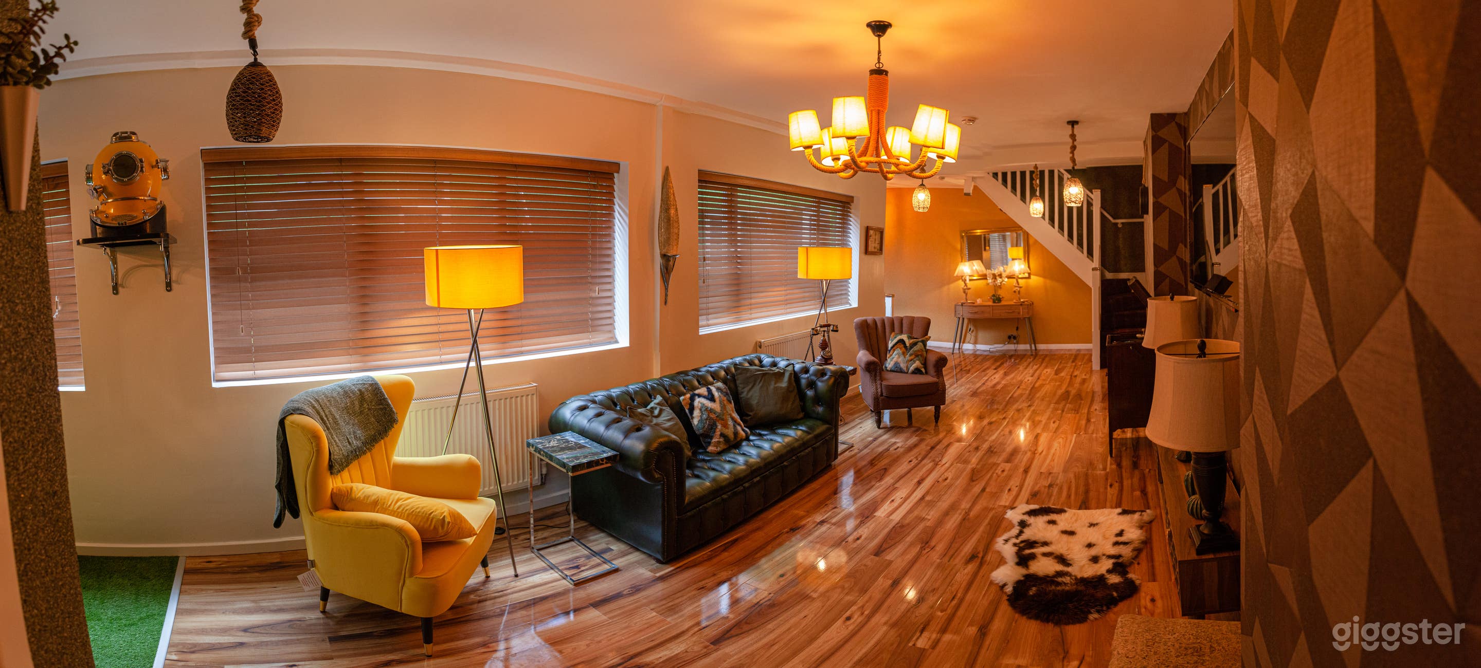 large living room space with coloured feature stone walls