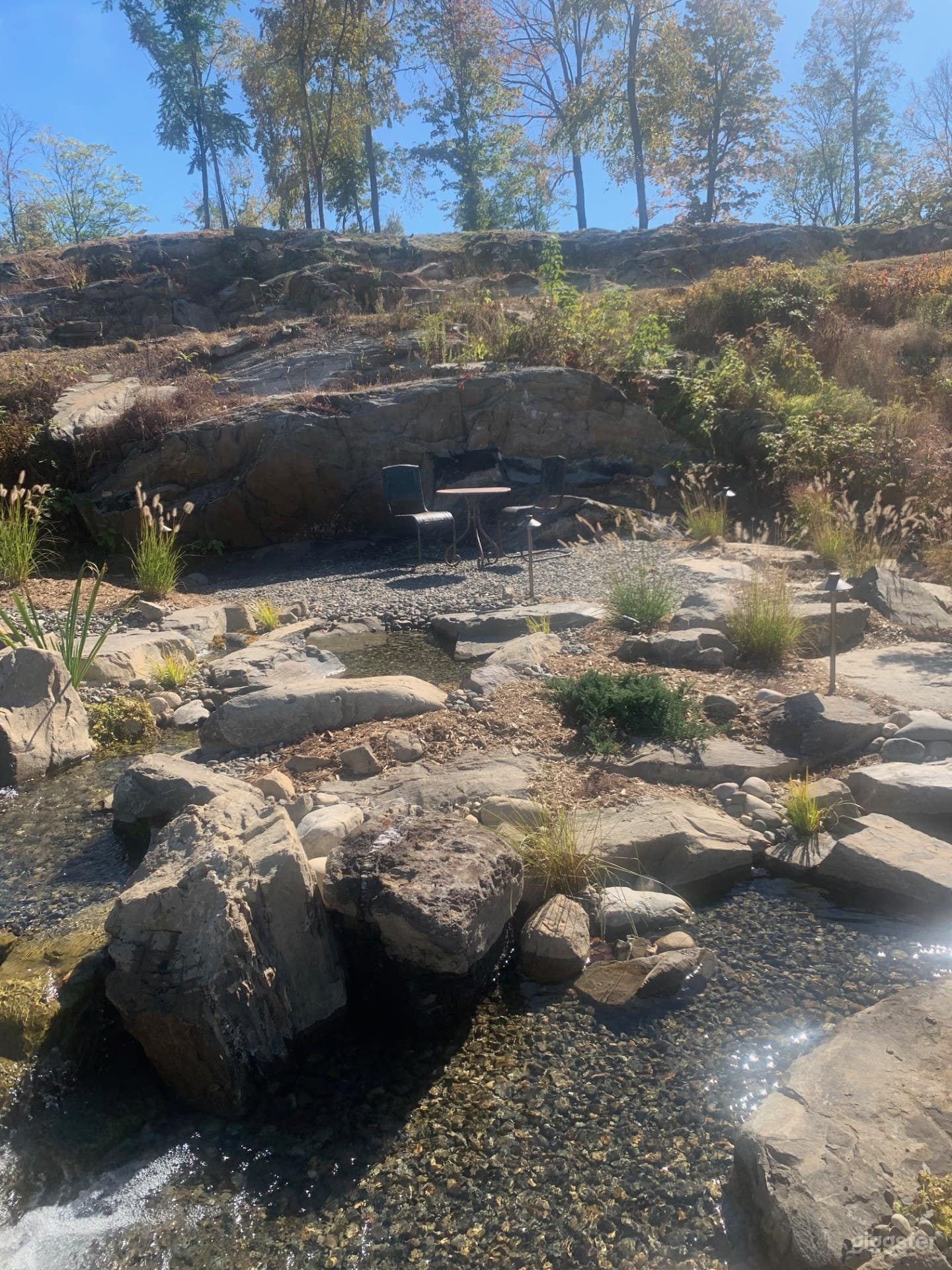 Sitting area next to pond