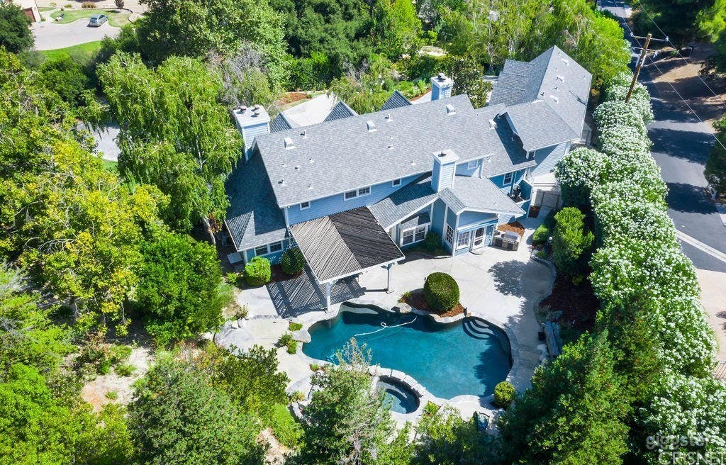 Large natural pool and spa surrounded by mature trees