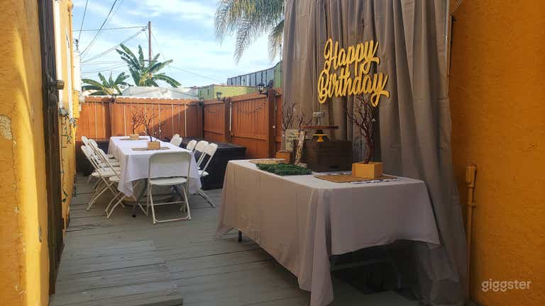  Decorated Outdoor Seating and dessert table area  