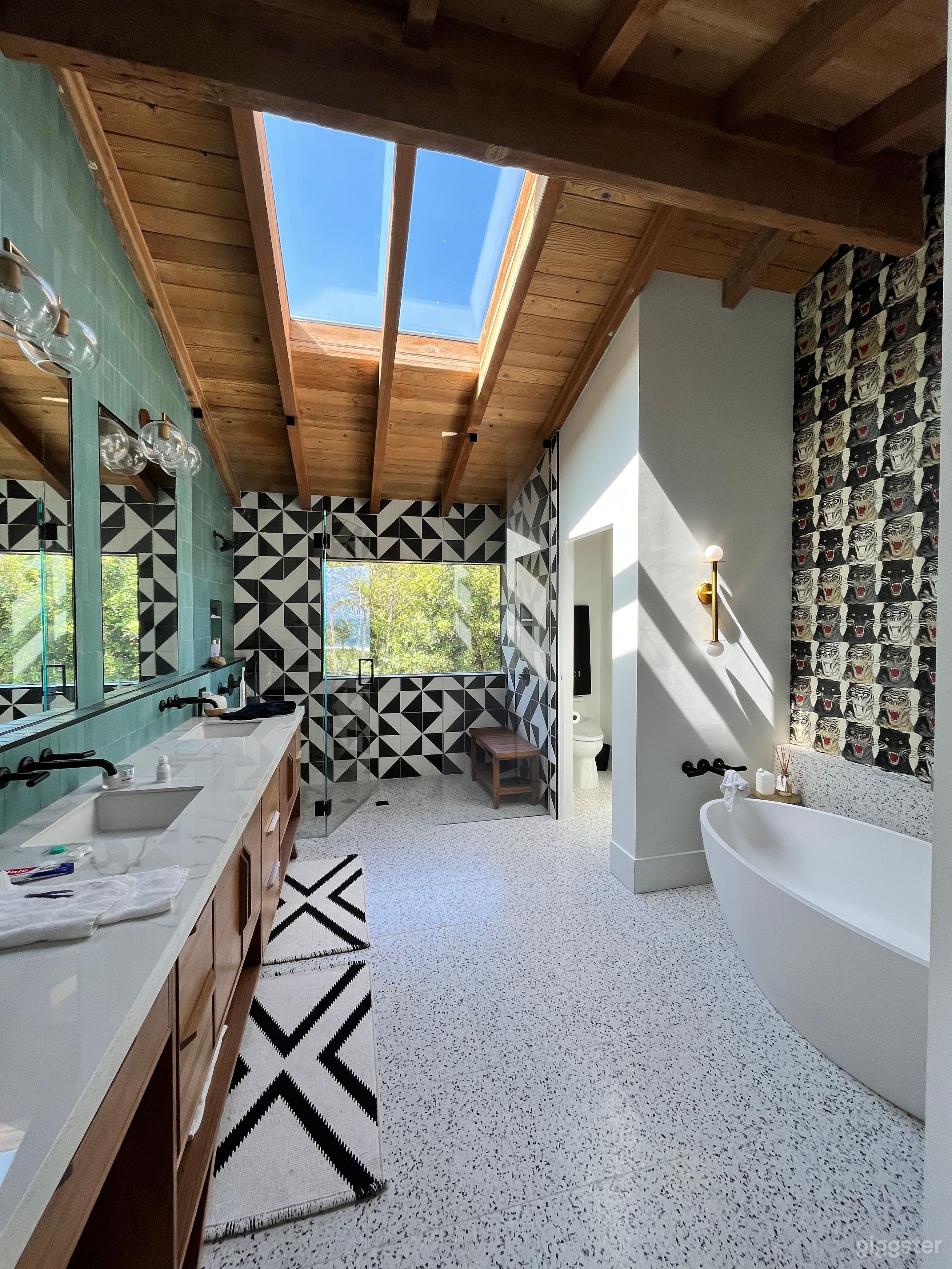 Master bathroom. Gucci wallpaper. 