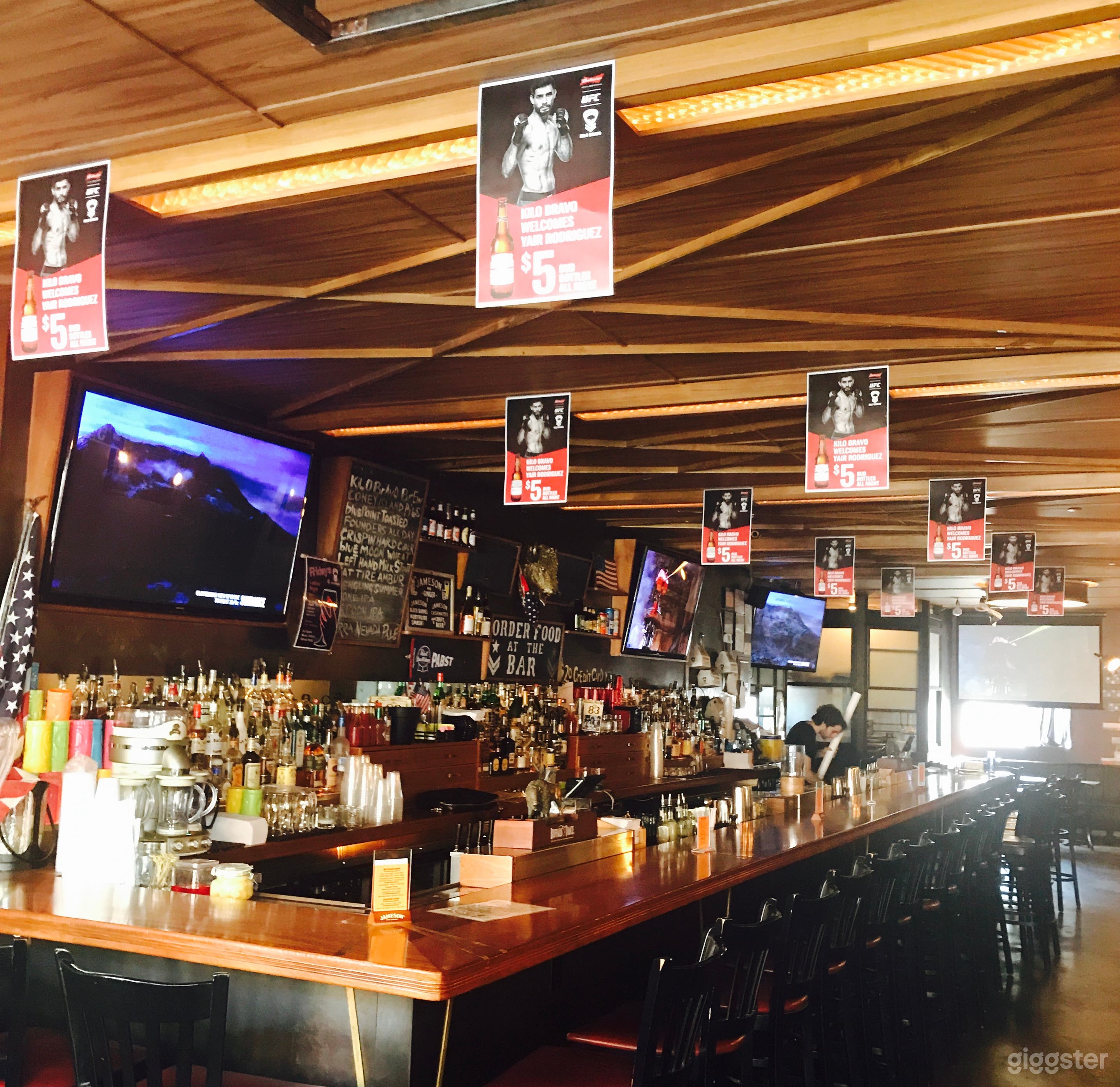 Interior shot of our beautiful bar top, ceiling and back bar!
