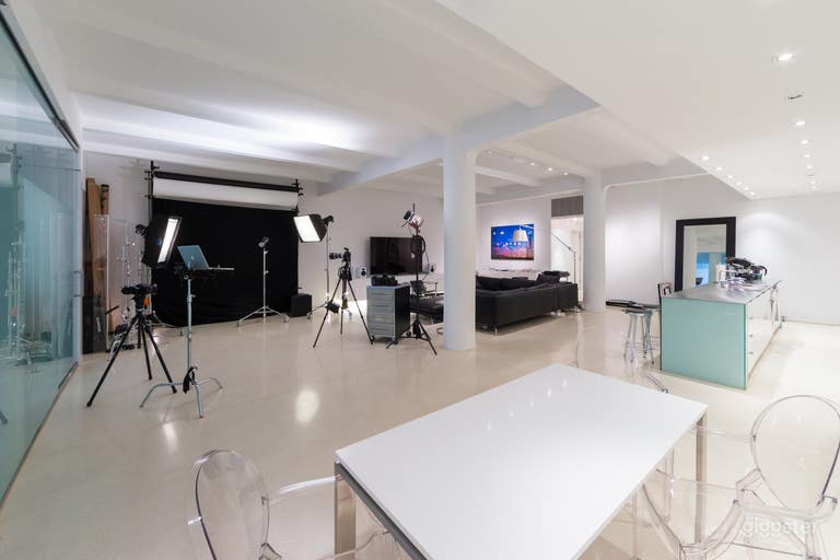  Overview of the main loft space.  Shooting Space, Media Area, Chef&#x27;s Kitchen and Snack Area.  