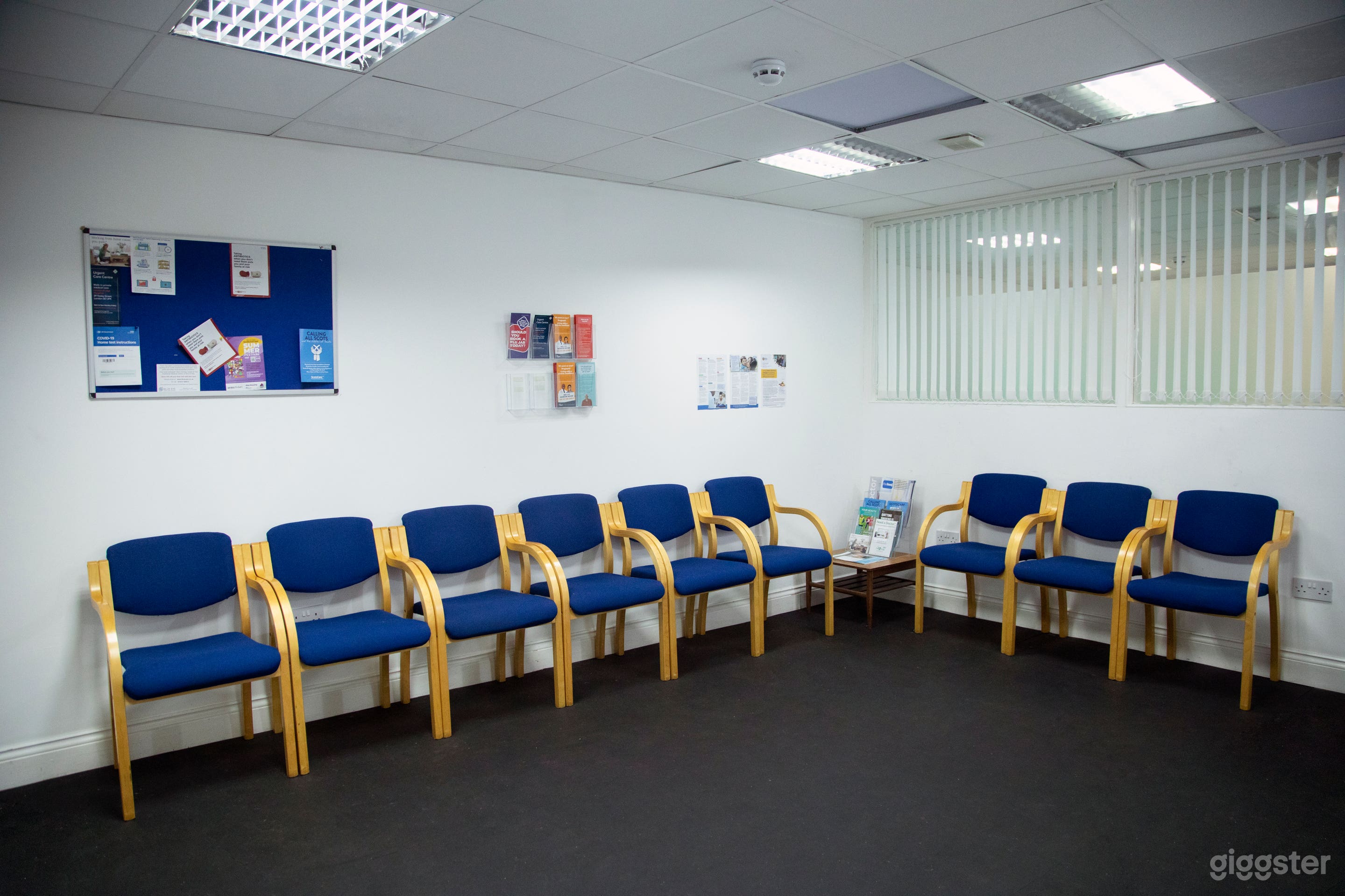 GP waiting room set (blinds can be taken down or moved to medical set)