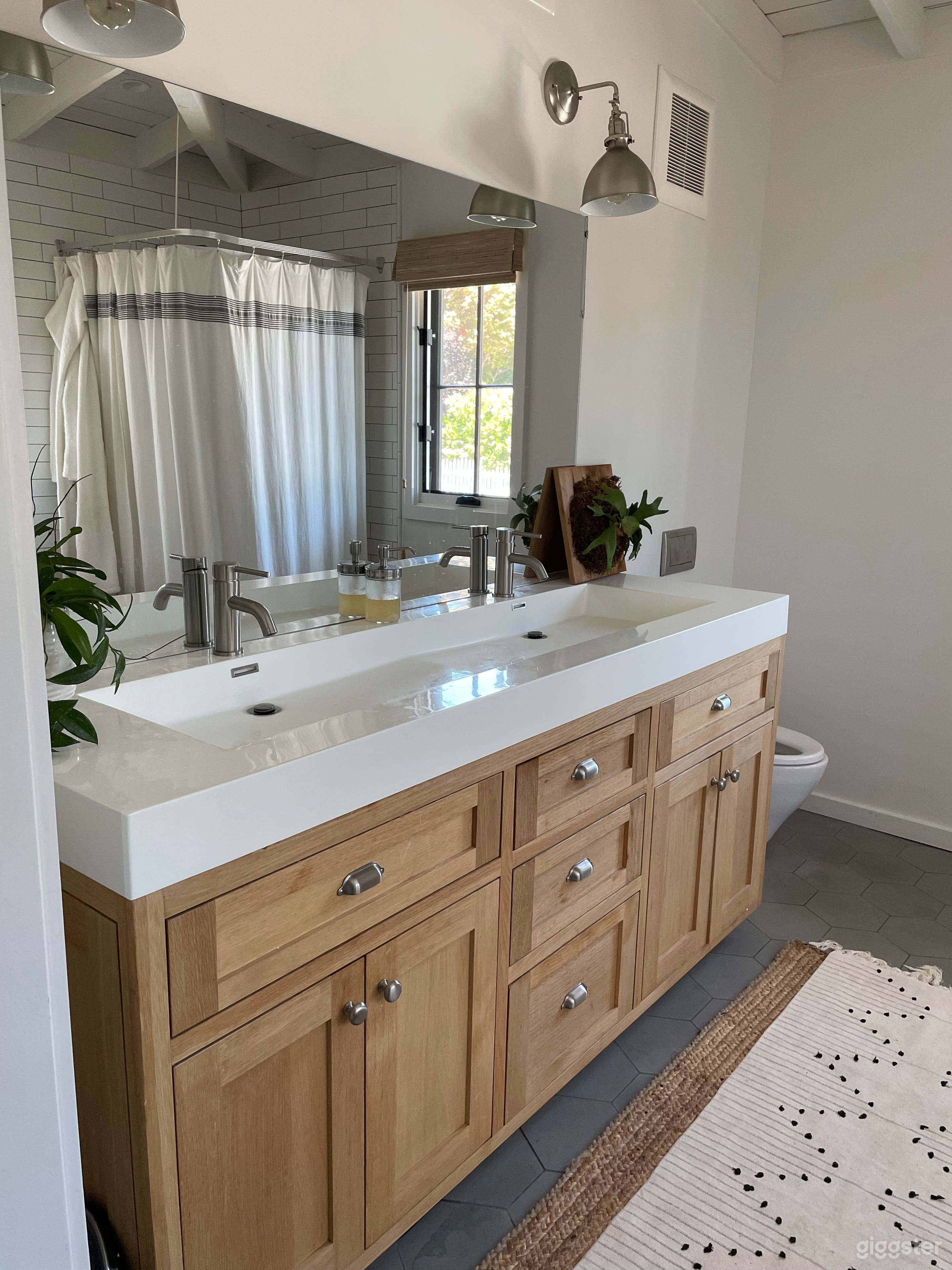 Unique double vanity in master bath, handmade ceramic tile floor, Soaking tub