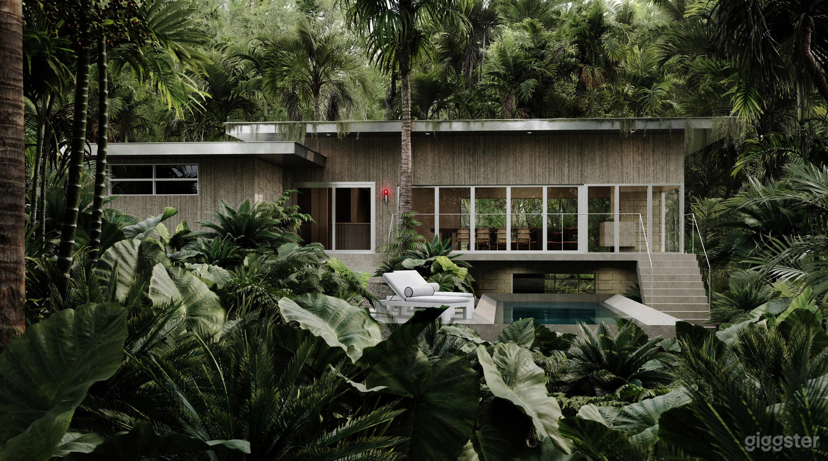 back yard with deck cantilevering over pool 