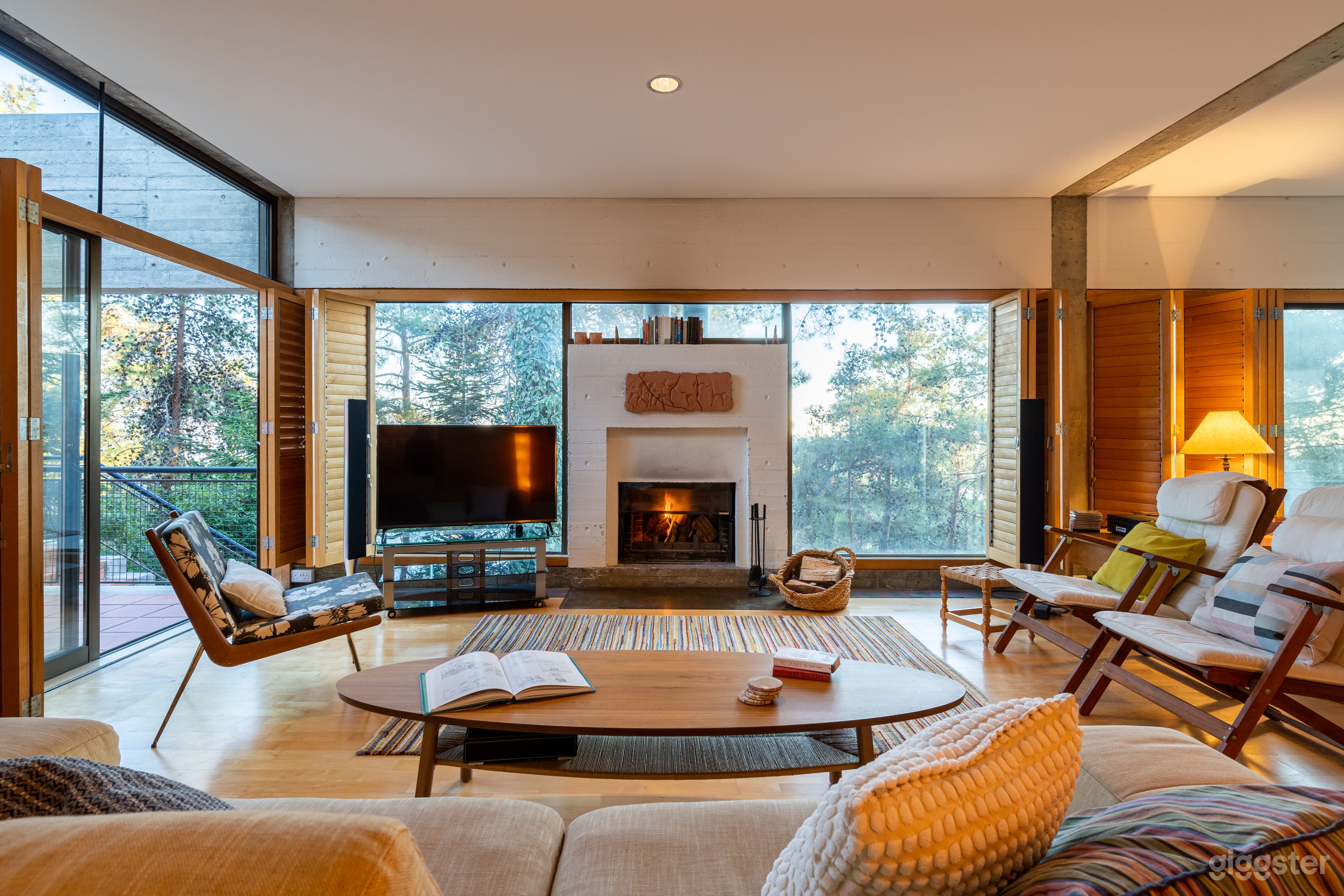 Open plan living area with fireplace