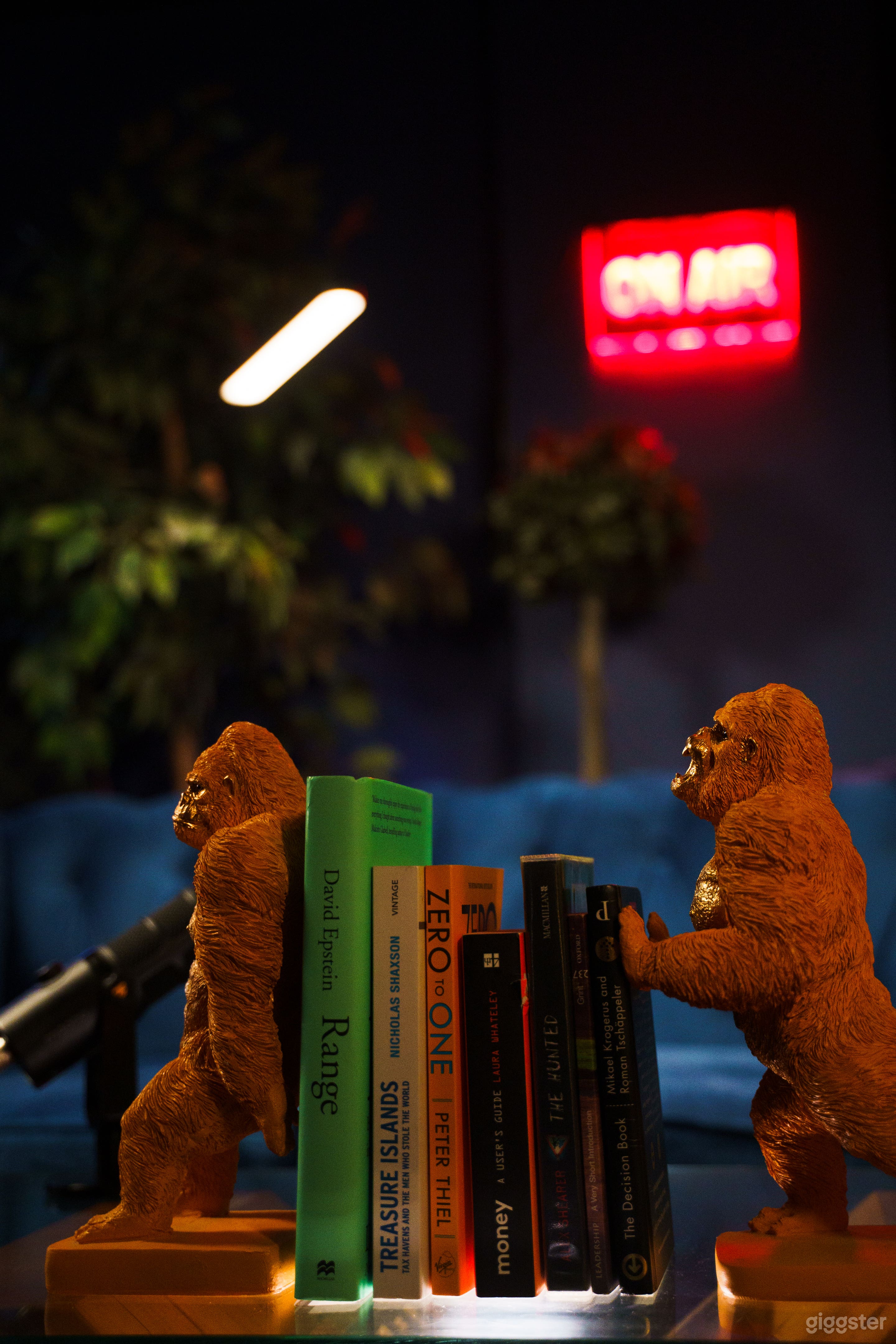The unique gorilla bookends and handpicked books add personality and intrigue to your set — no need to bring props. It's ready to shoot, as-is.