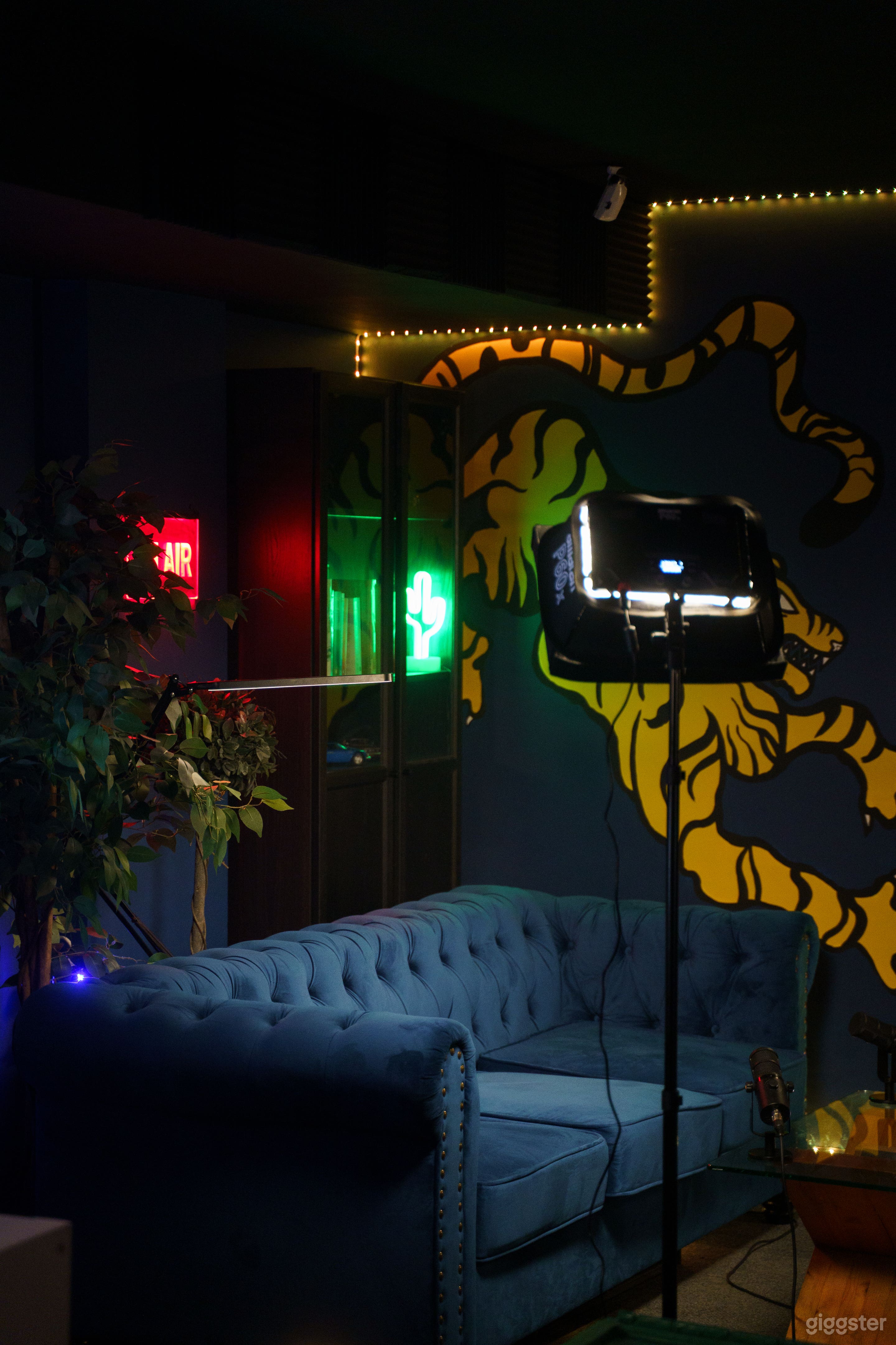 From the neon cactus sign to carefully placed faux plants and bookshelves, every element in the space adds depth and creativity to your content.