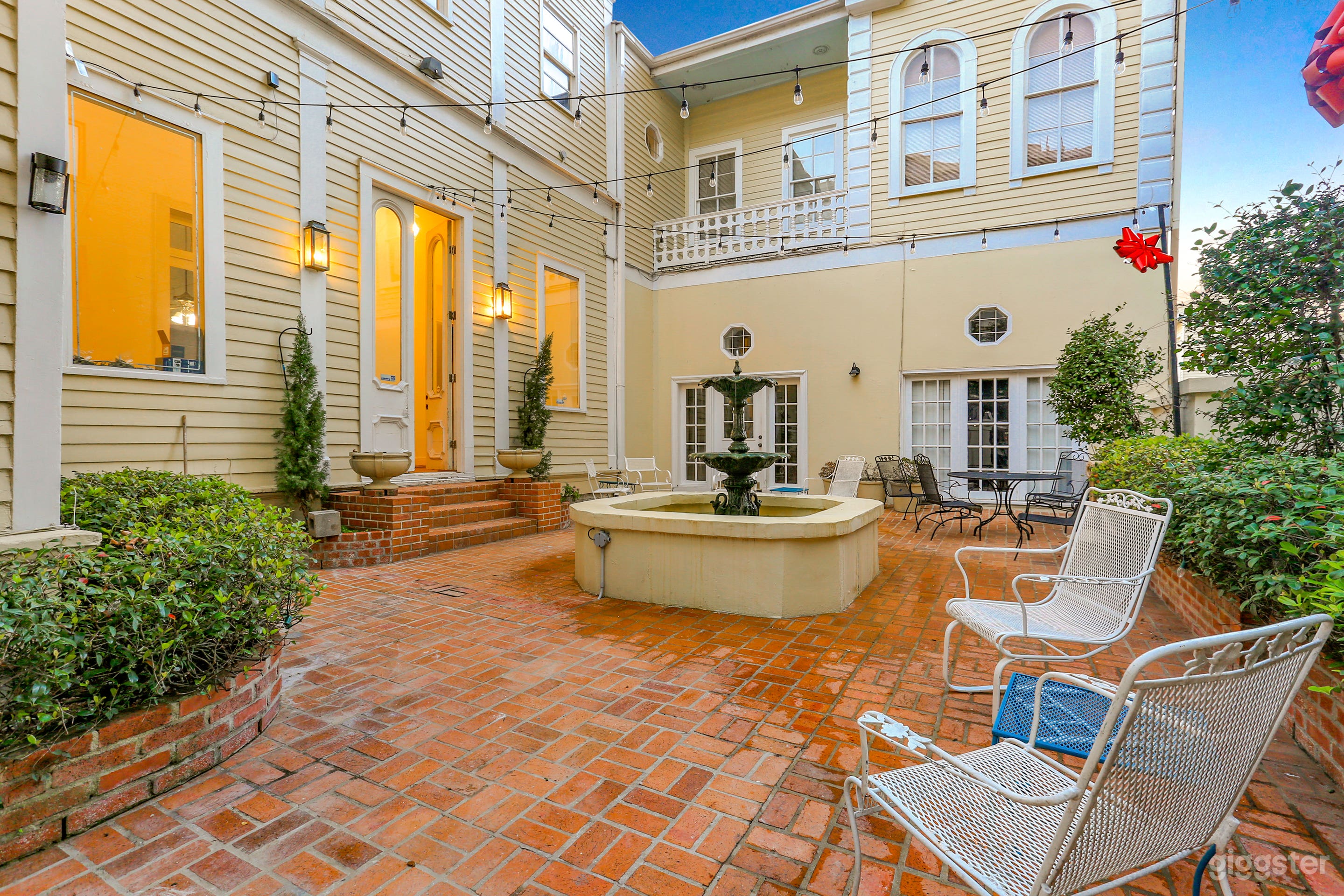 spacious courtyard with center fountain