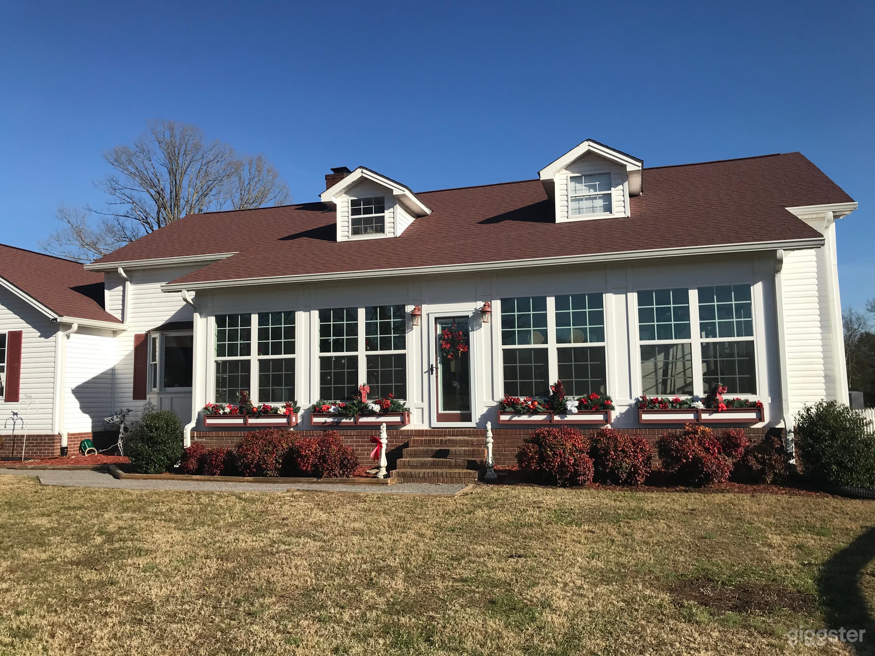 House decorated for Christmas.