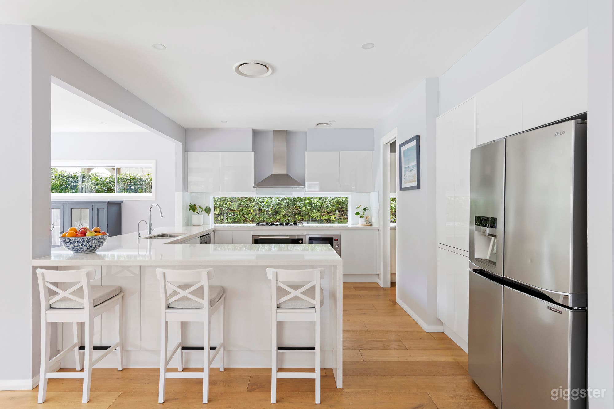 Open plan kitchen, with partial framing perfect for still and video shots.