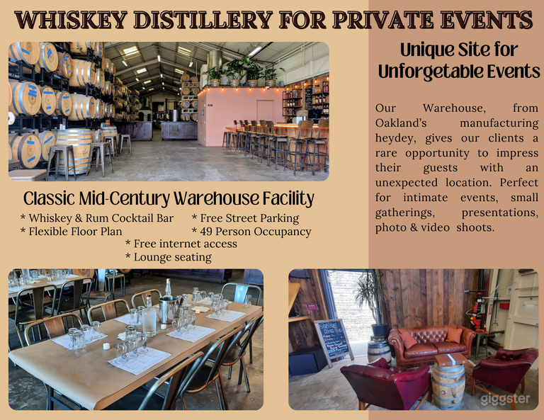  Unique Site for Unforgettable Events: Craft Distillery located in post WWII classic industrial warehouse in West Oakland. 
