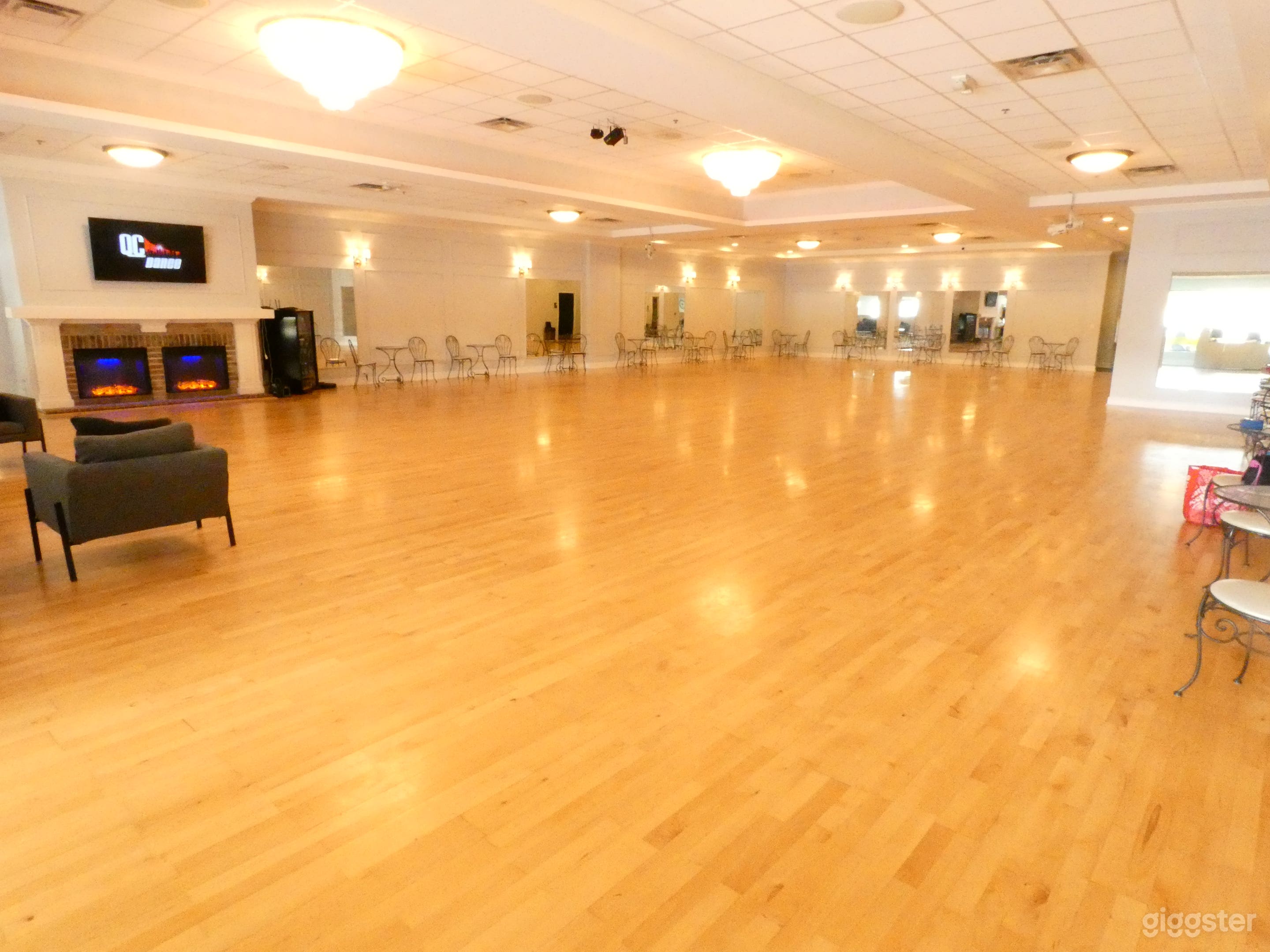 Enormous dance floor with crystal chandeliers