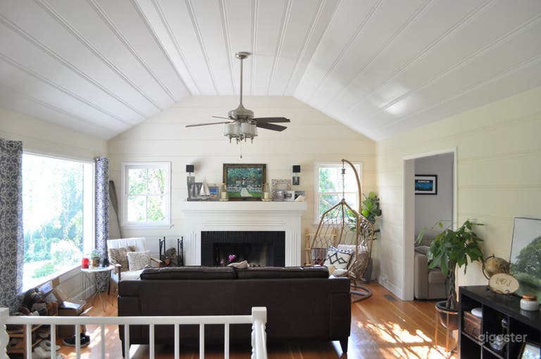  The main living room with high shiplap ceilings. 