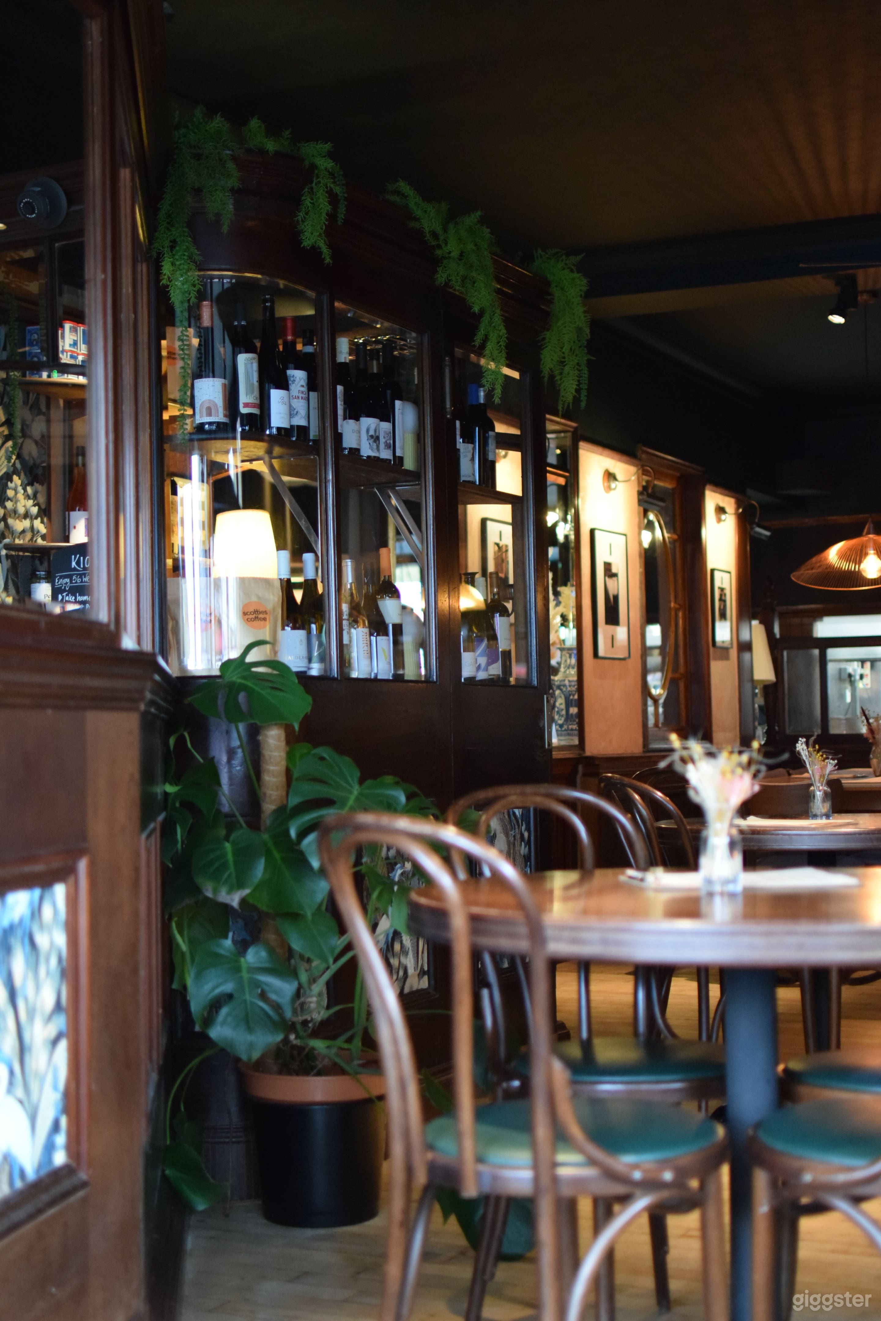 View inside from outdoors tables with the windows open 