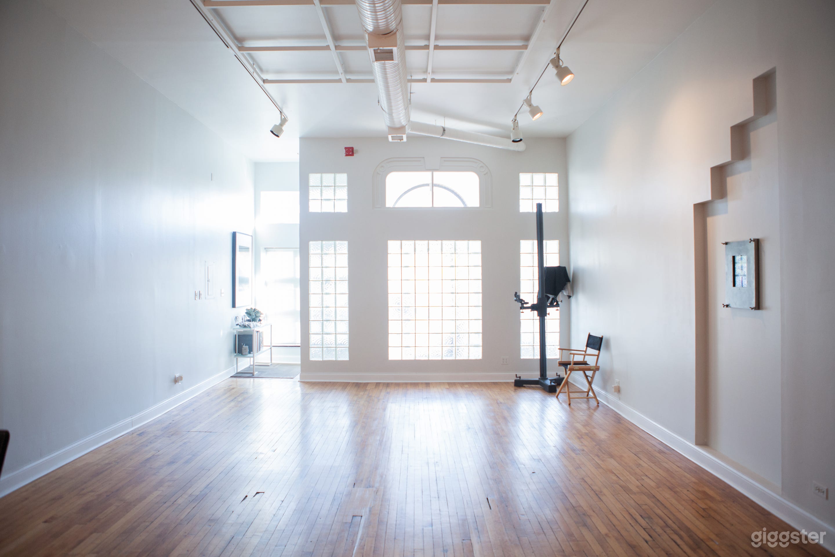 Shooting space. Use the beautiful natural sunlight coming through the front of the studio or easily cover it up with some V-flats. There's plenty of room for your production for everything from table top to full-body setup setups with multiple talent. 