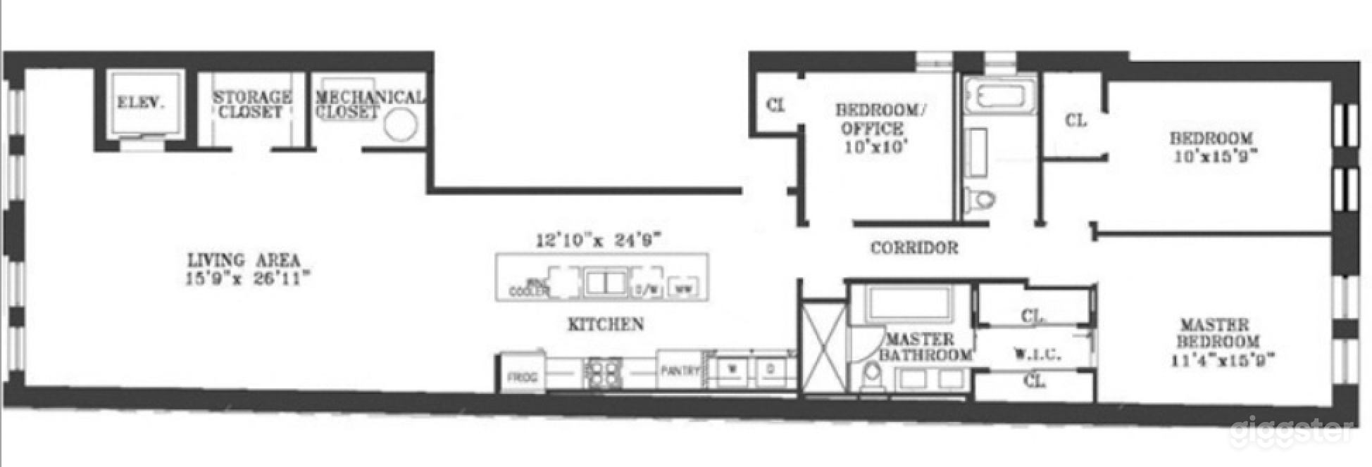 Floor plan of the exposed brick historic Loft.