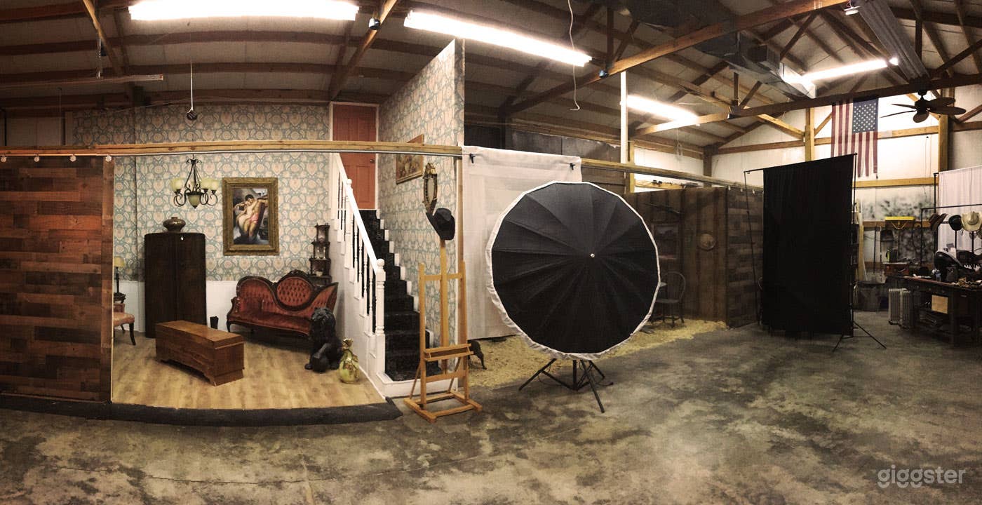 indoor studio sets with movable furnishings, can be refinished, painted, installations, etc.