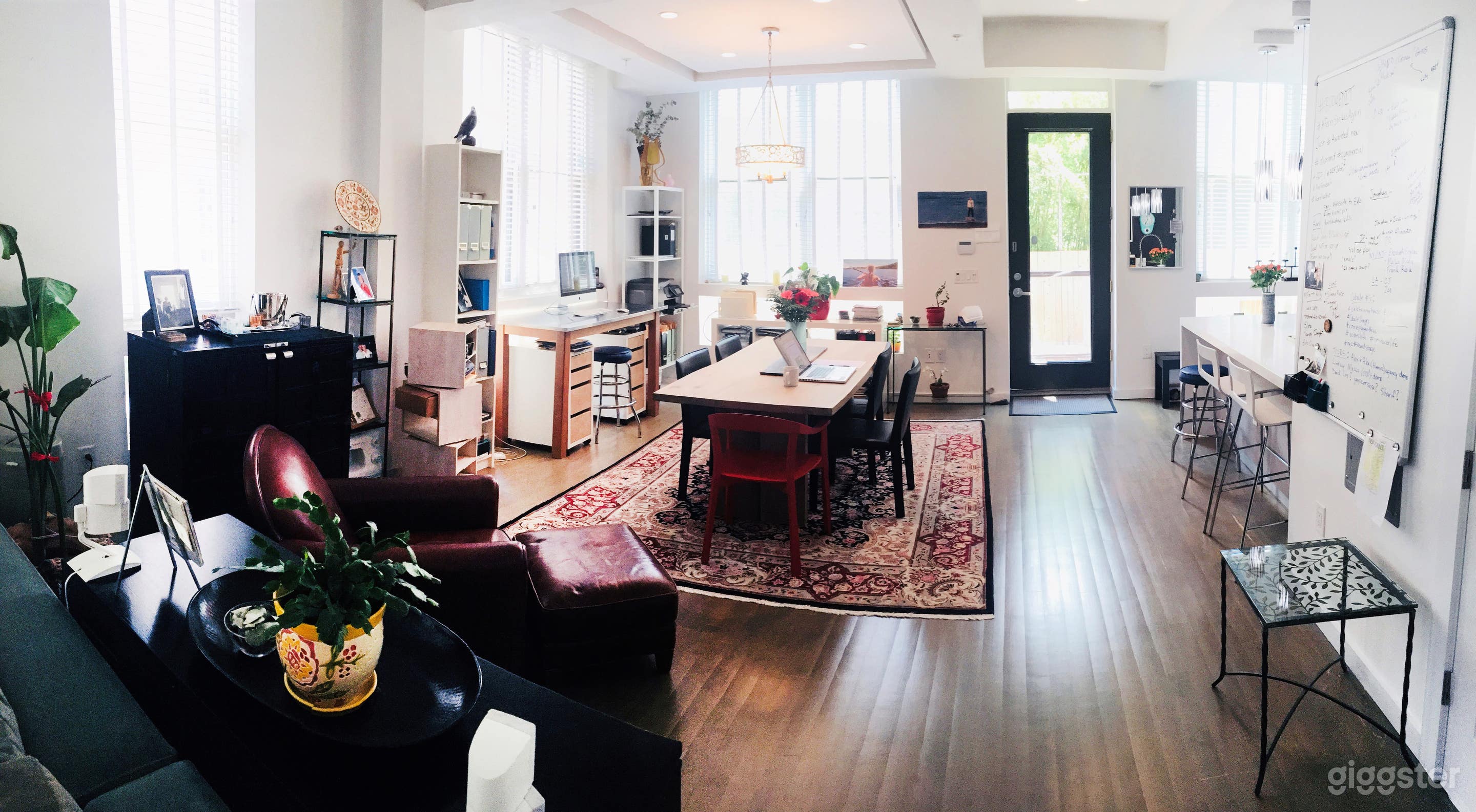 Computer work station in Common Area - grey maple hardwood floors