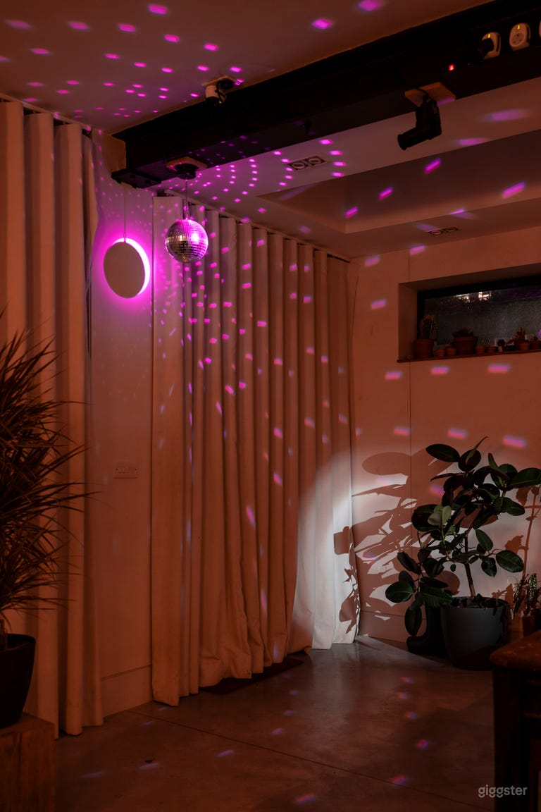  Back wall of kitchen with curtain drawn and disco light on 