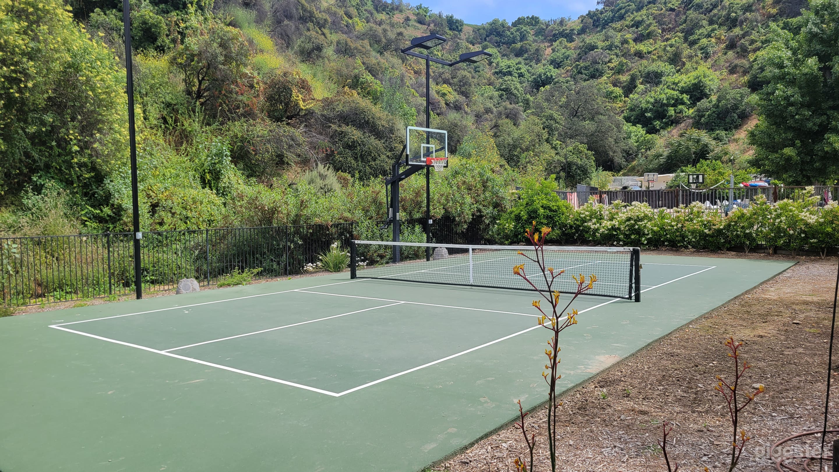 Pickleball court surrounded lush greens and stunning views