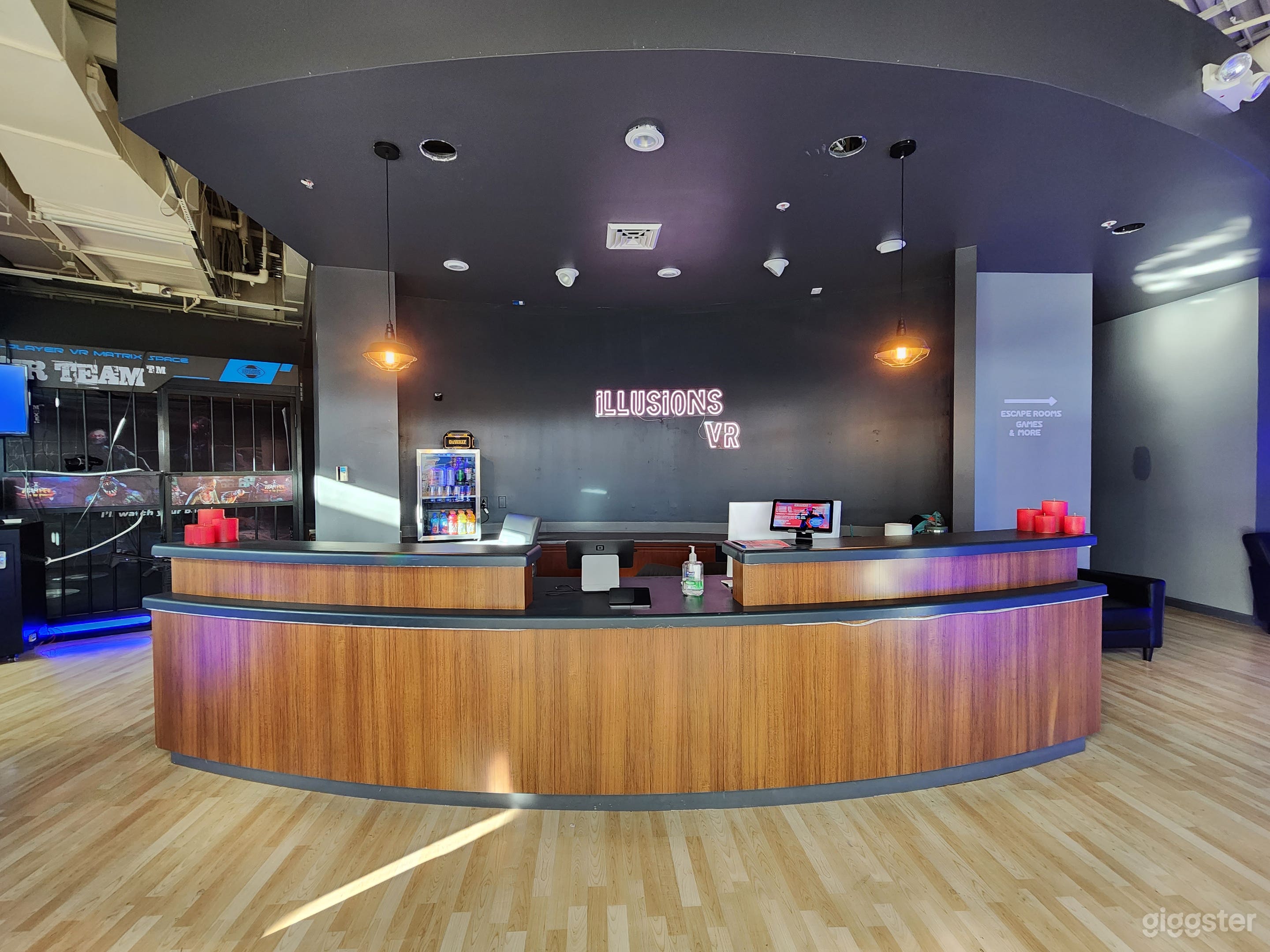 Large curved front desk. 