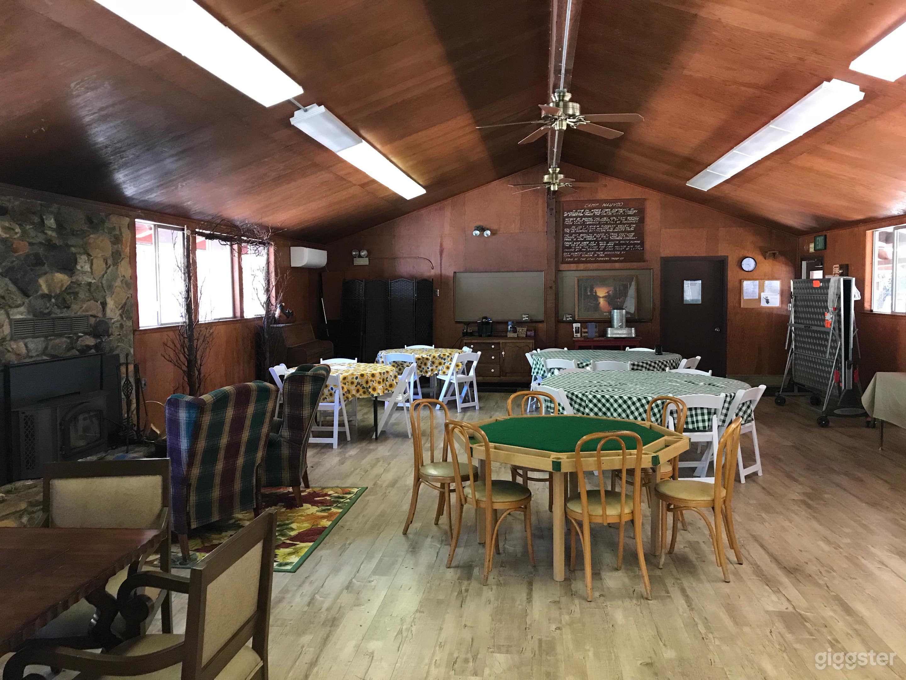 Lodge with eating table and game tables