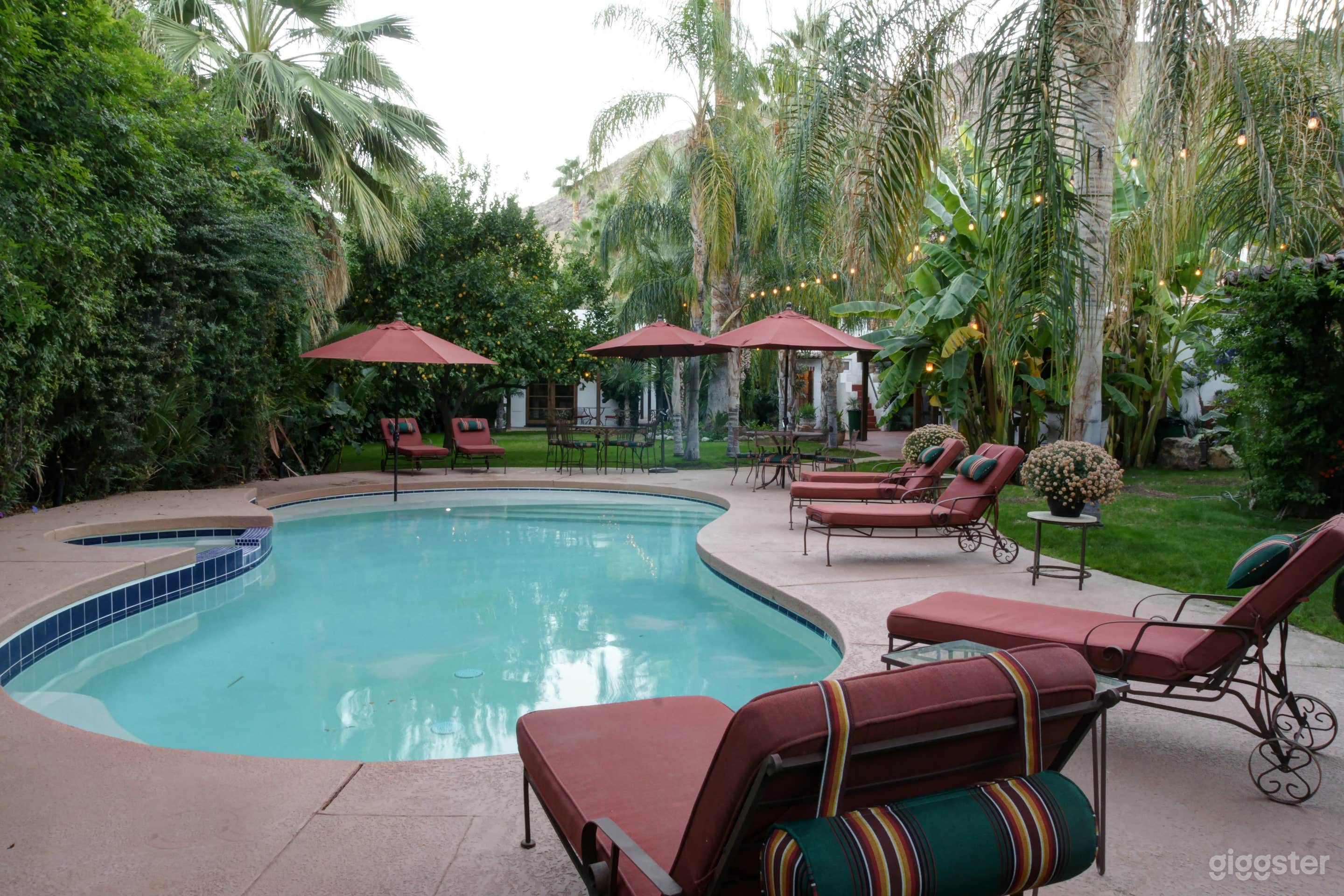 The saltwater pool and spa is surrounded by plants and private casitas available for vacations, filming and events. 