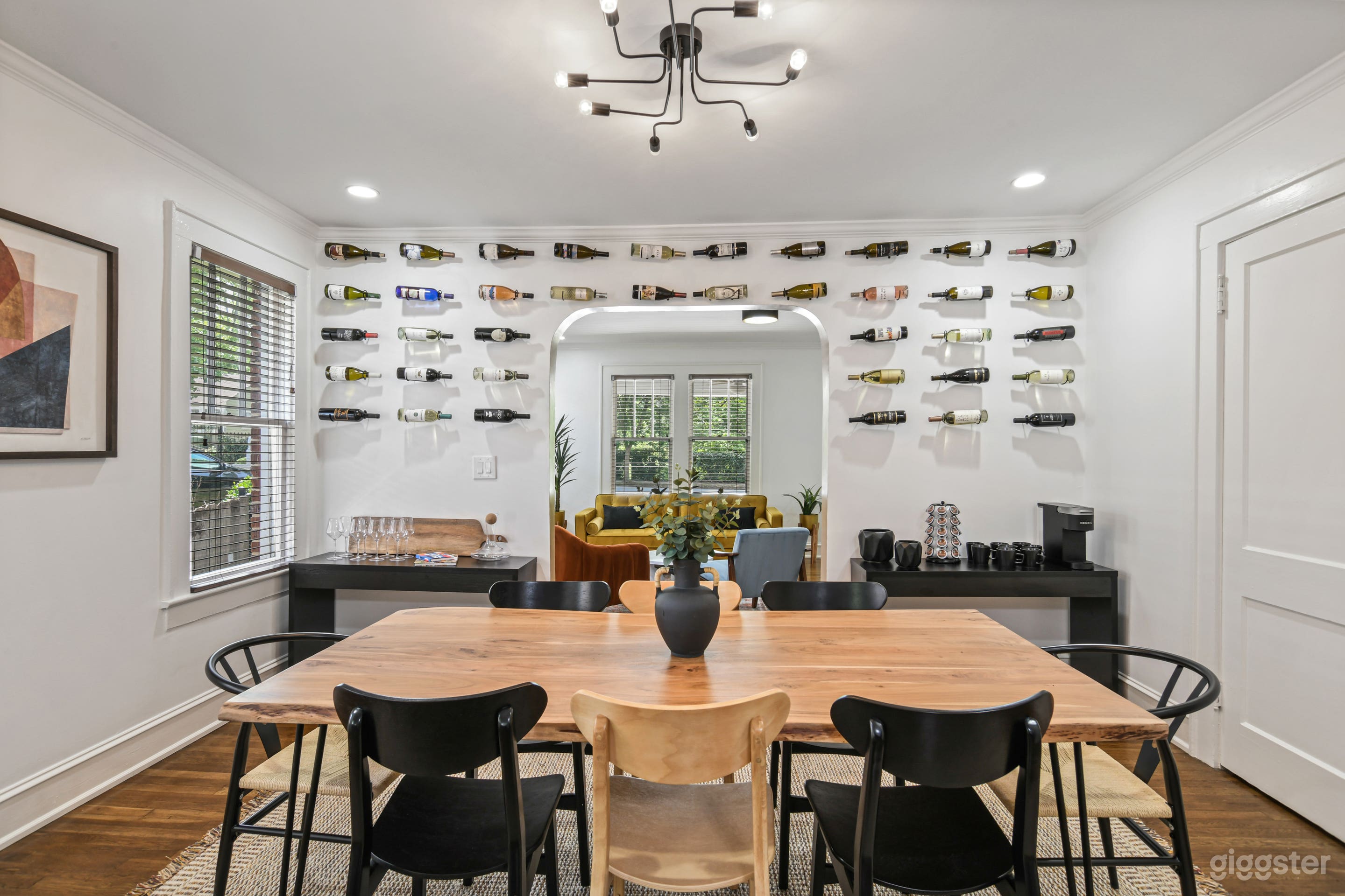 Wine wall! Some bottles are empty and for decoration. Other bottles are full and available for small purchase price