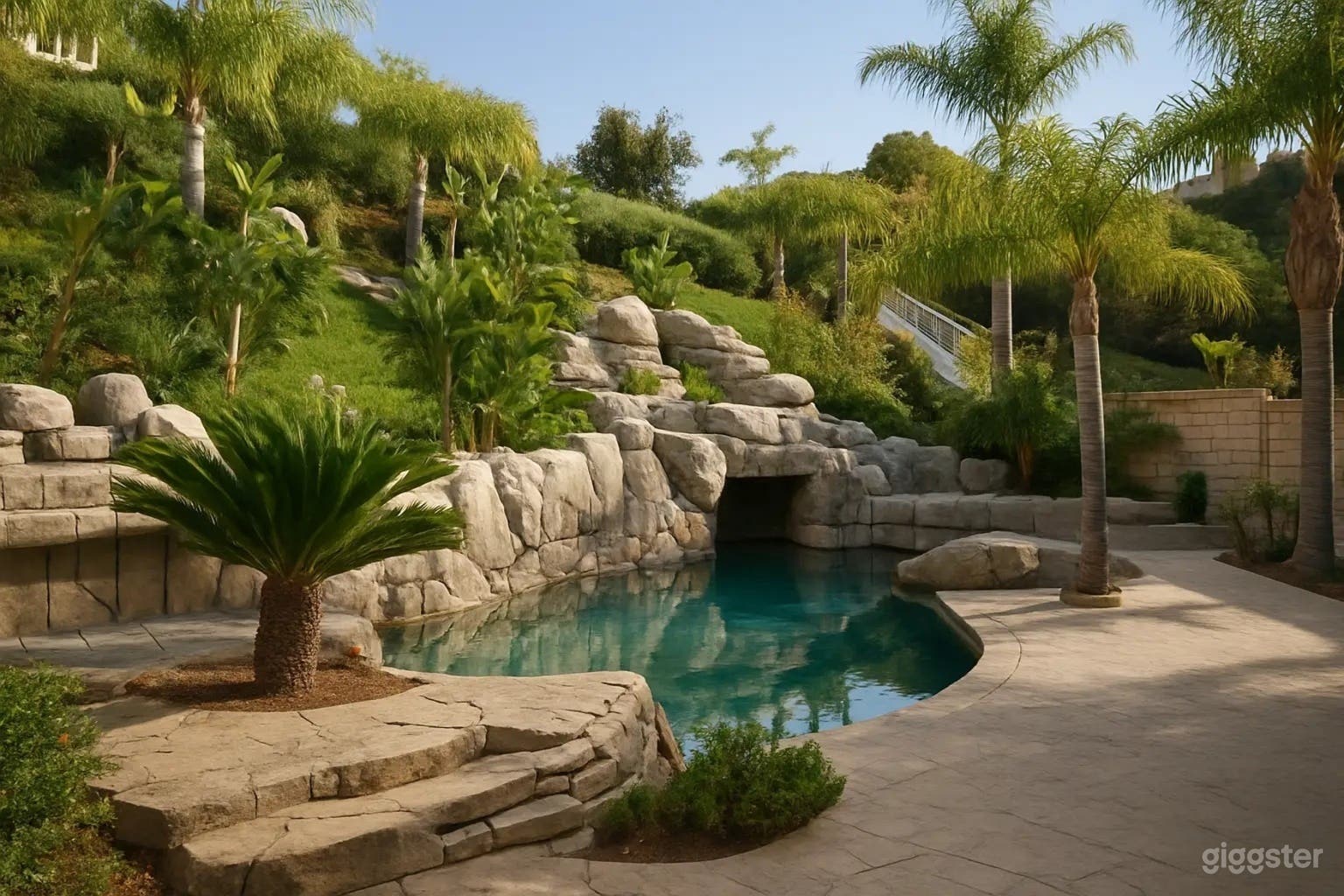 Tropical Backyard | Waterfall Pool & Palm Tree Photo 3